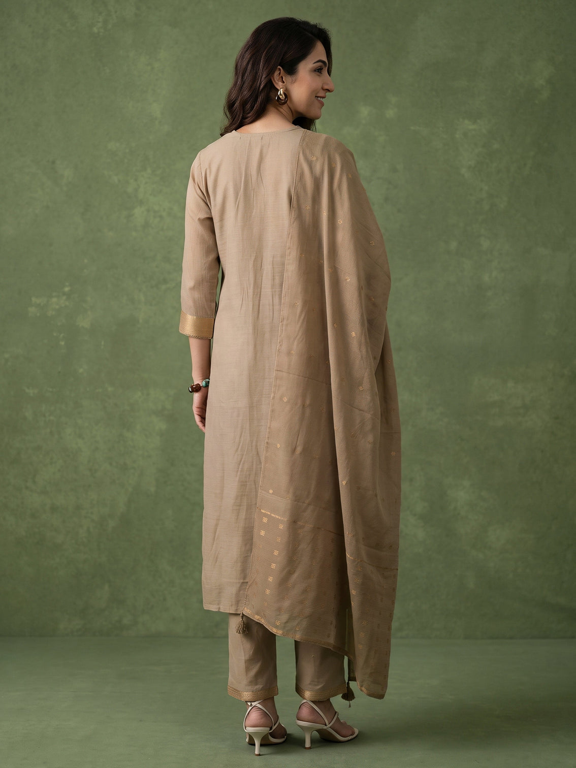 Mameraa Light Taupe Floral Printed Silk Blend Straight Suit Set