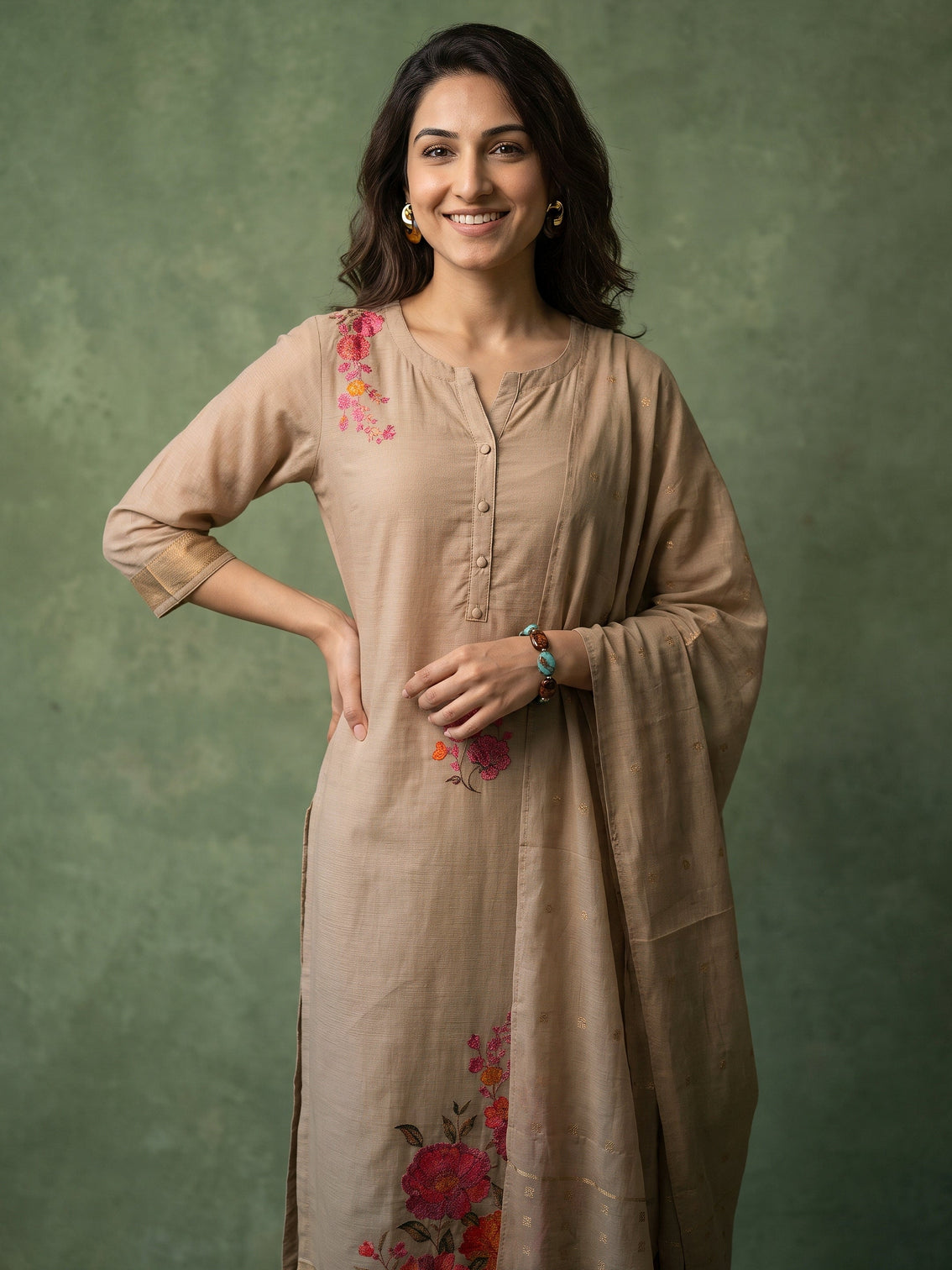 Mameraa Light Taupe Floral Printed Silk Blend Straight Suit Set