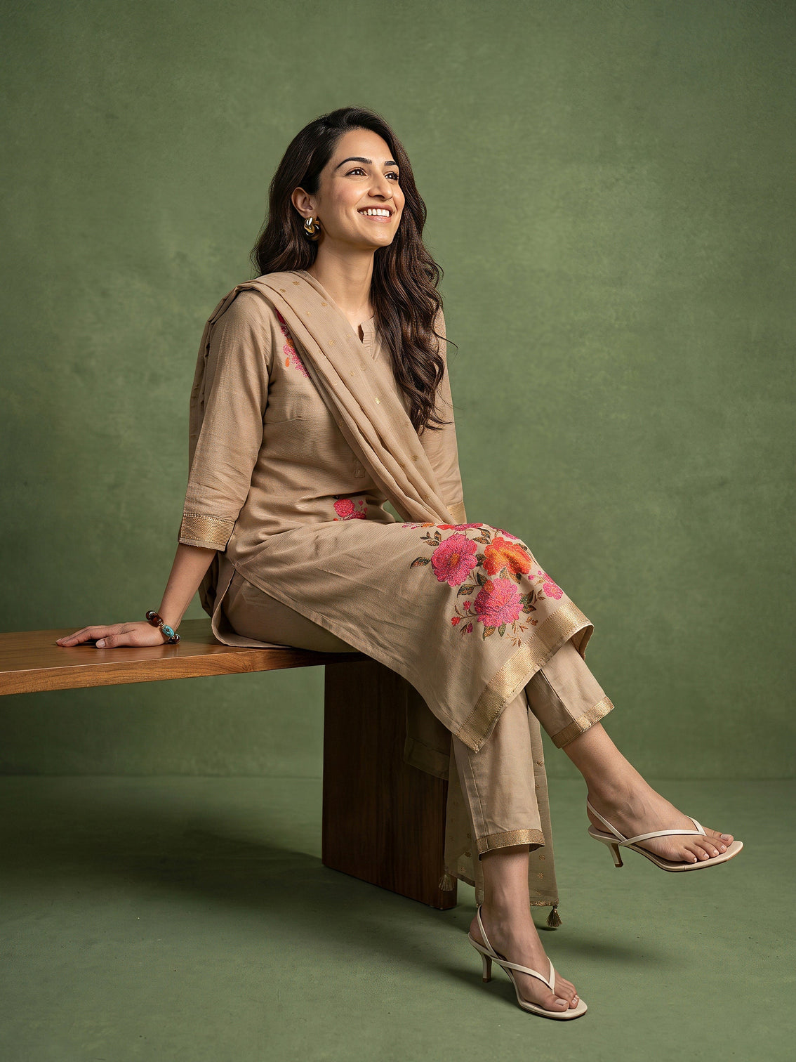 Mameraa Light Taupe Floral Printed Silk Blend Straight Suit Set