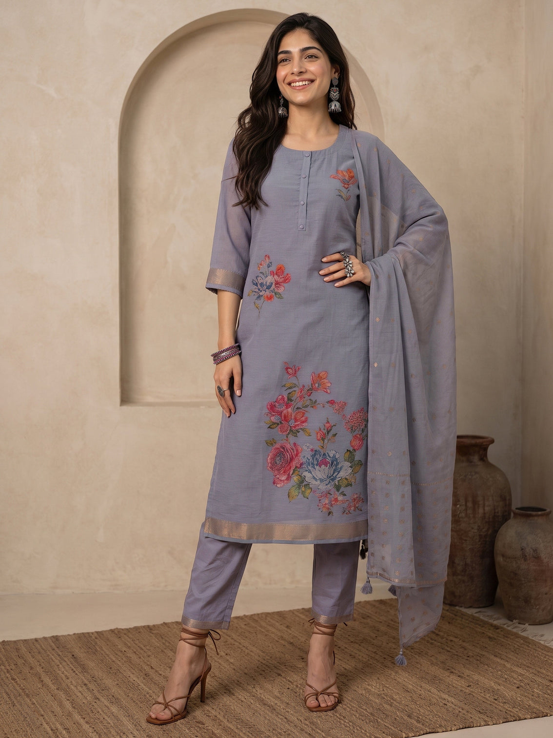 Mameraa Dusty Lavender Floral Printed Silk Blend Straight Suit Set