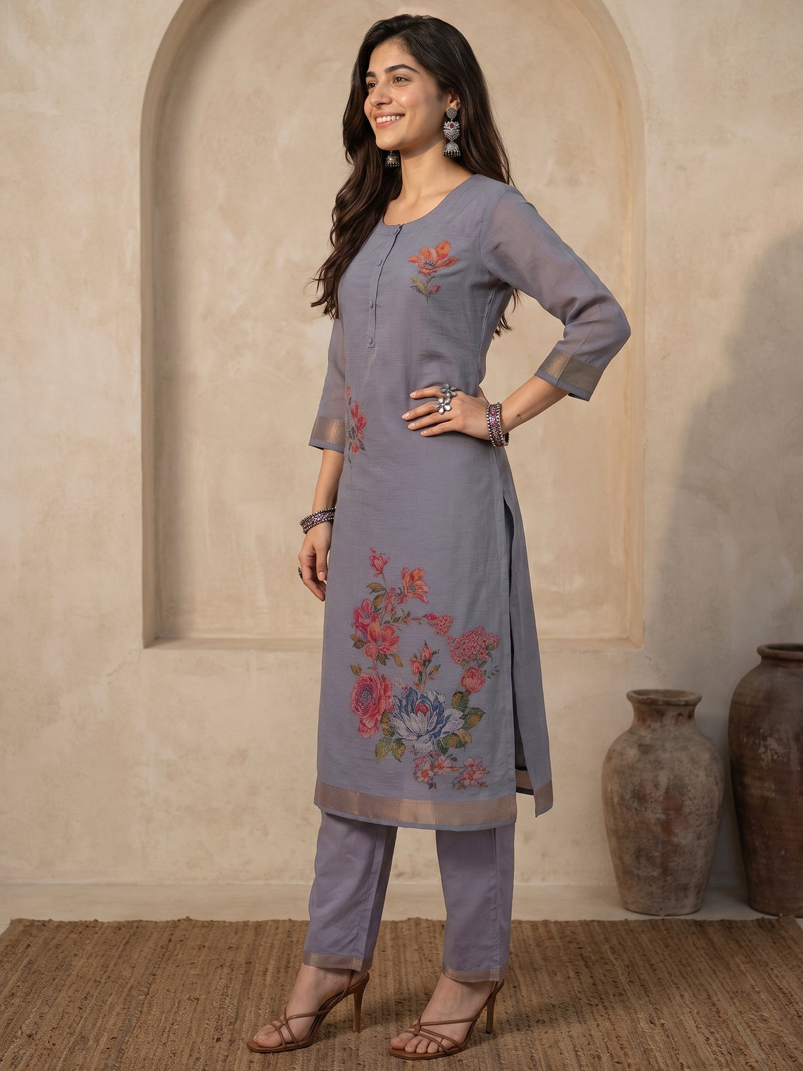 Mameraa Dusty Lavender Floral Printed Silk Blend Straight Suit Set