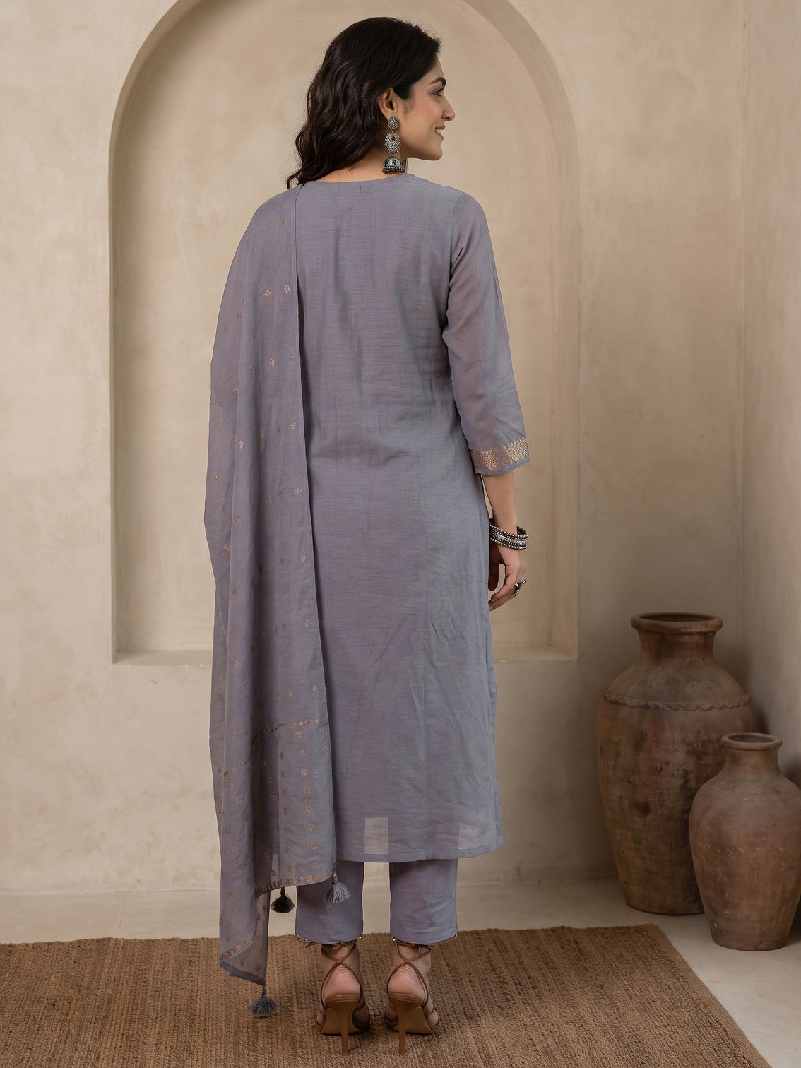 Mameraa Dusty Lavender Floral Printed Silk Blend Straight Suit Set