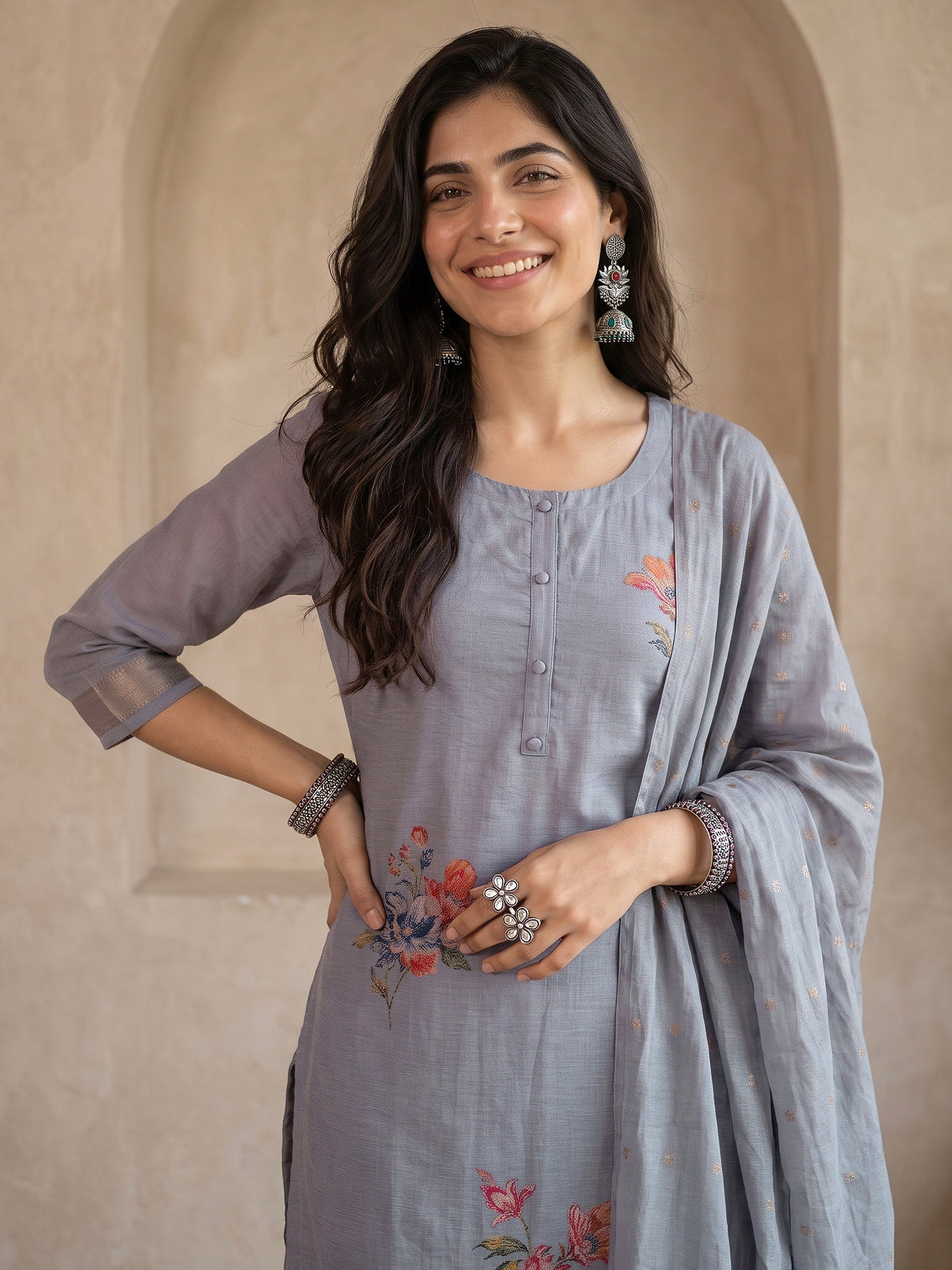 Mameraa Dusty Lavender Floral Printed Silk Blend Straight Suit Set