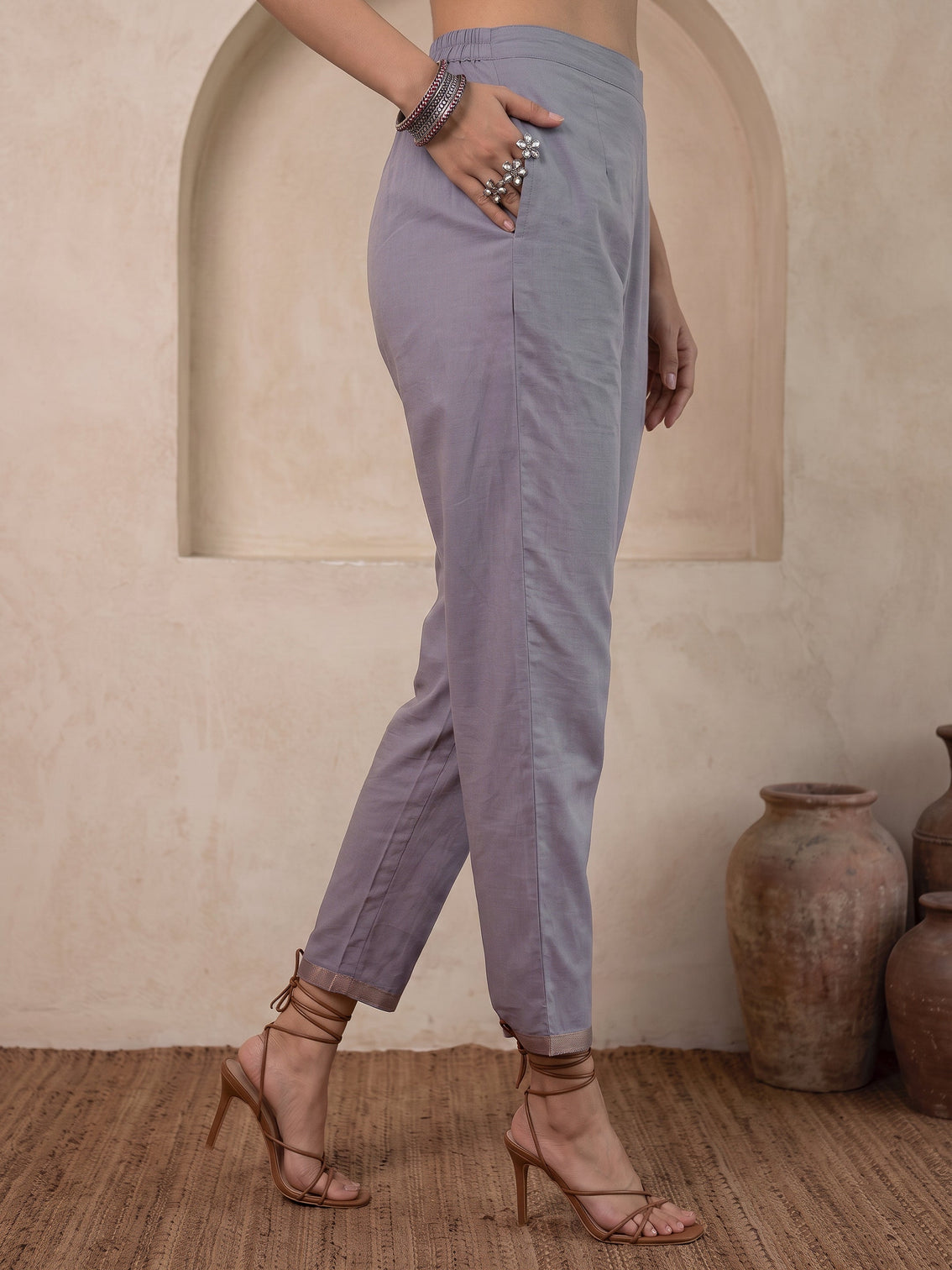 Mameraa Dusty Lavender Floral Printed Silk Blend Straight Suit Set
