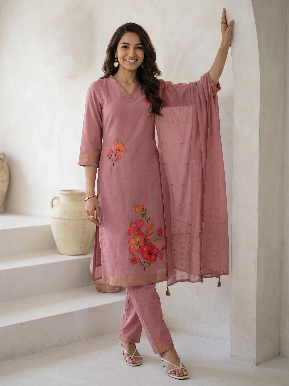 Mameraa Dusty Rose Pink Floral Printed Silk Blend Straight Suit Set
