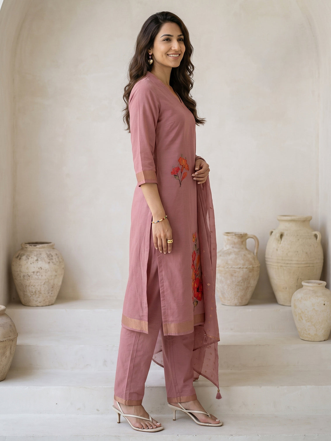 Mameraa Dusty Rose Pink Floral Printed Silk Blend Straight Suit Set
