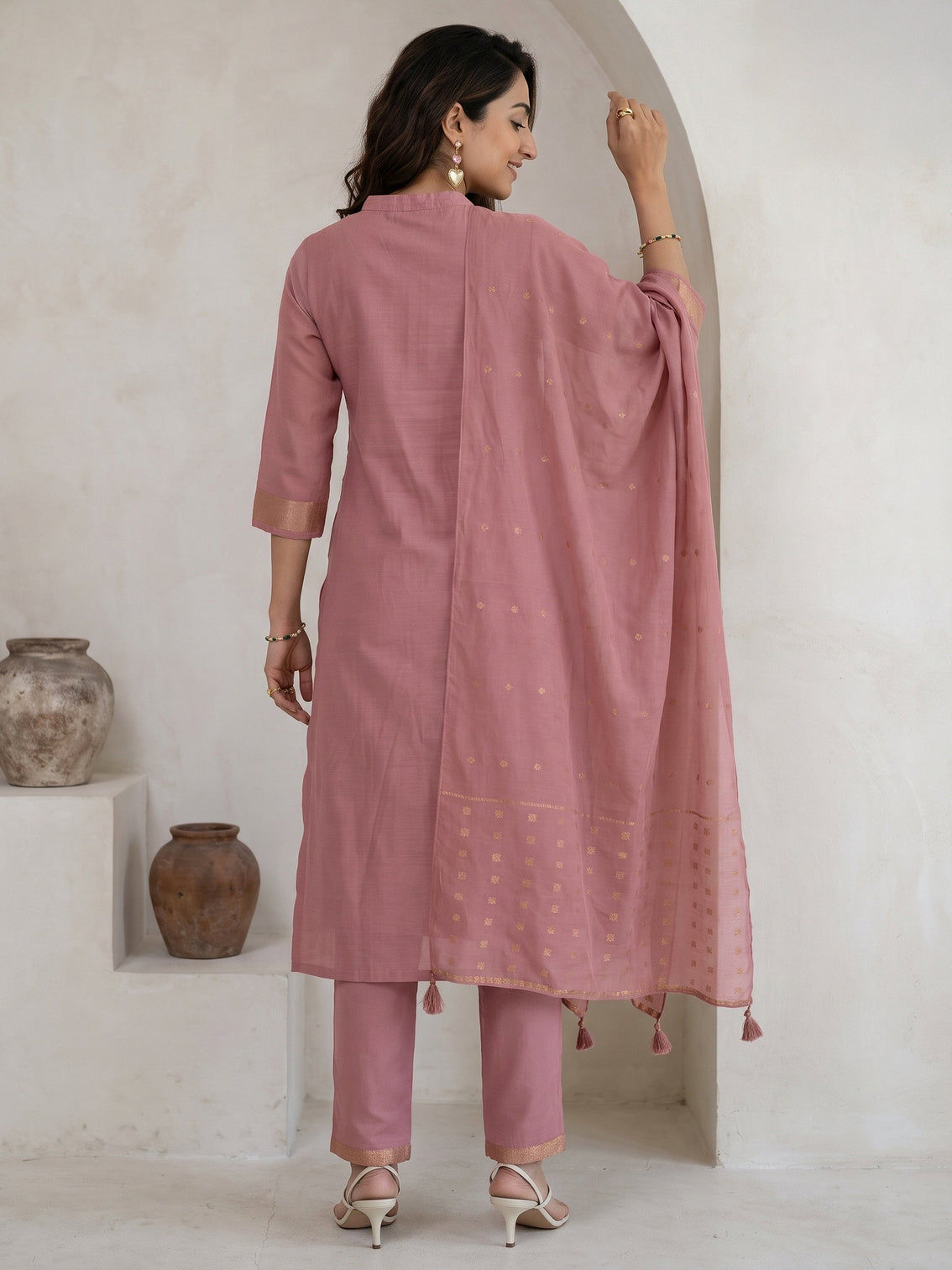 Mameraa Dusty Rose Pink Floral Printed Silk Blend Straight Suit Set