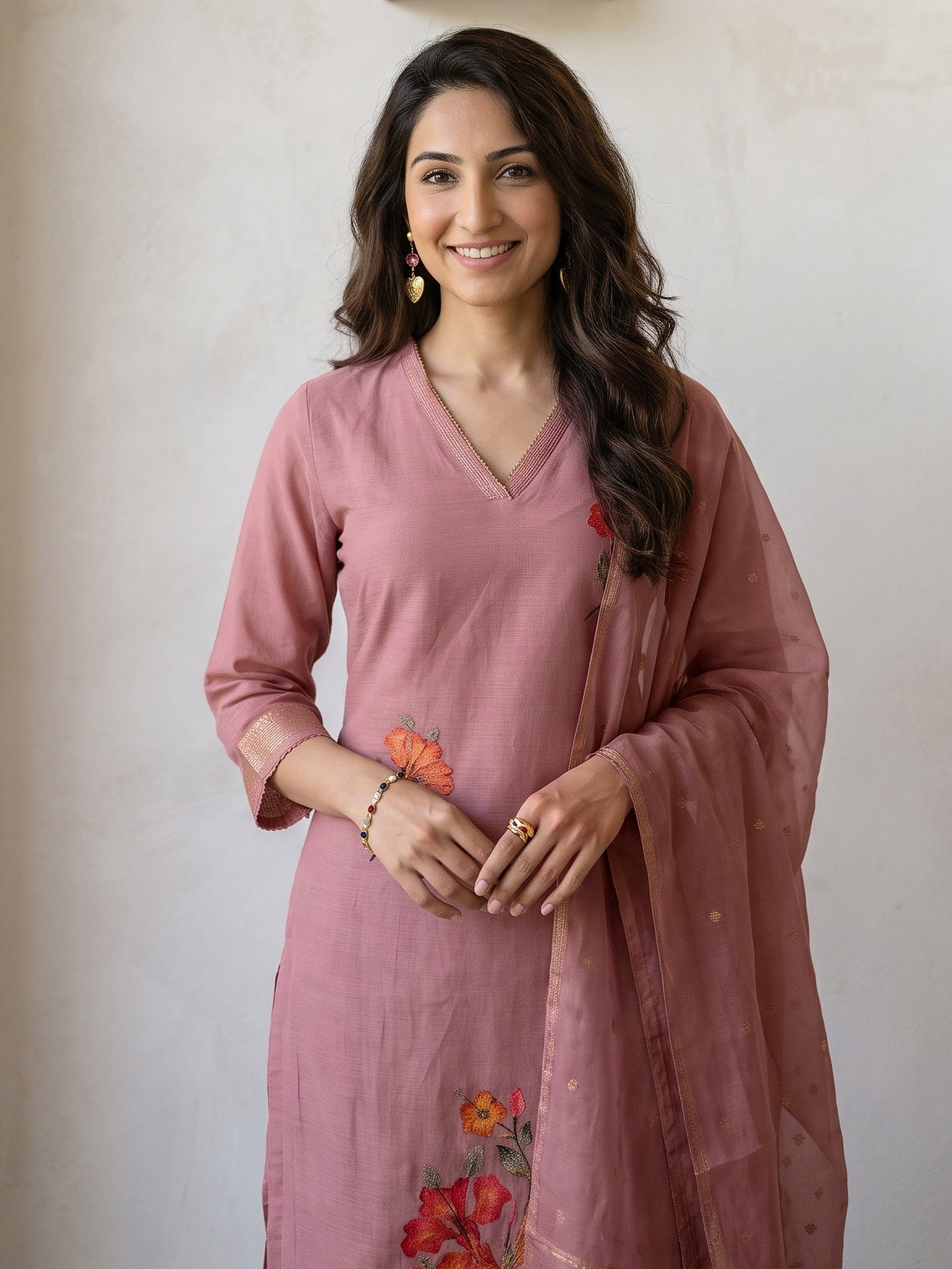 Mameraa Dusty Rose Pink Floral Printed Silk Blend Straight Suit Set