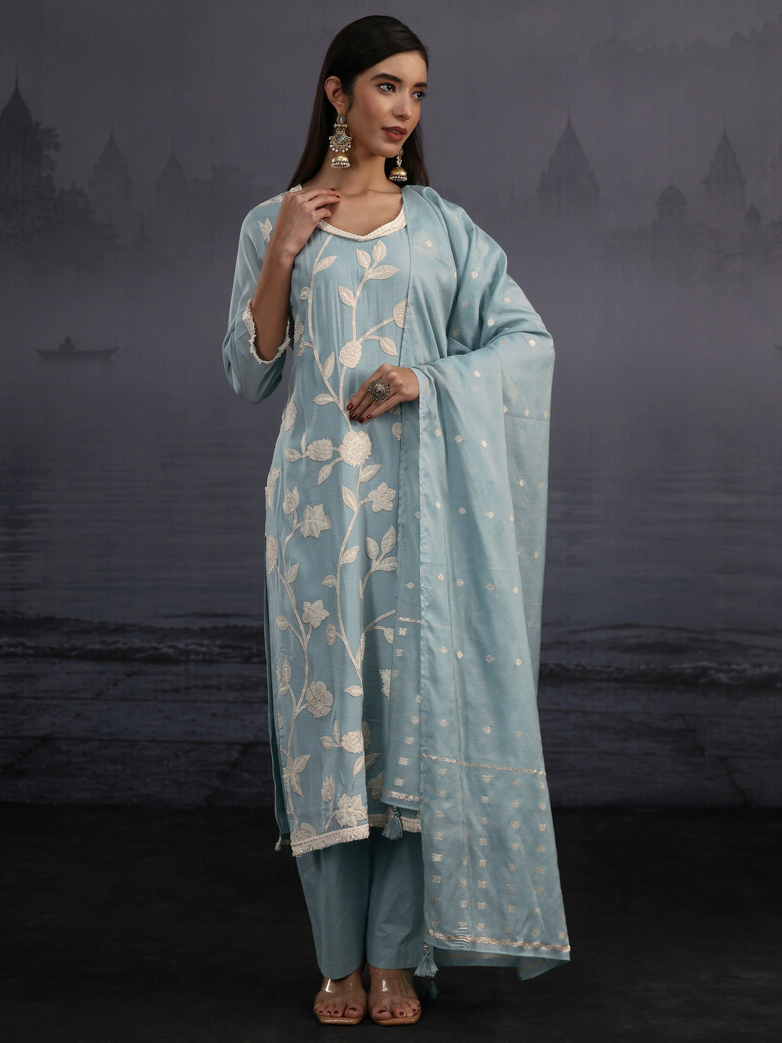 Mameraa Powder Blue Floral Embroidered Silk Blend Straight Suit Set