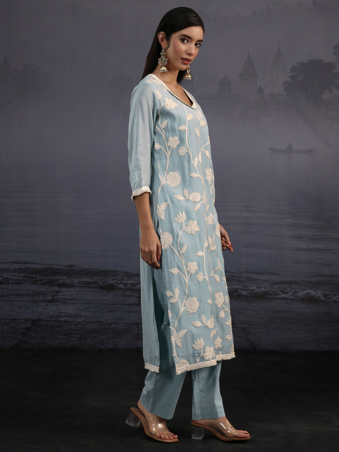 Mameraa Powder Blue Floral Embroidered Silk Blend Straight Suit Set