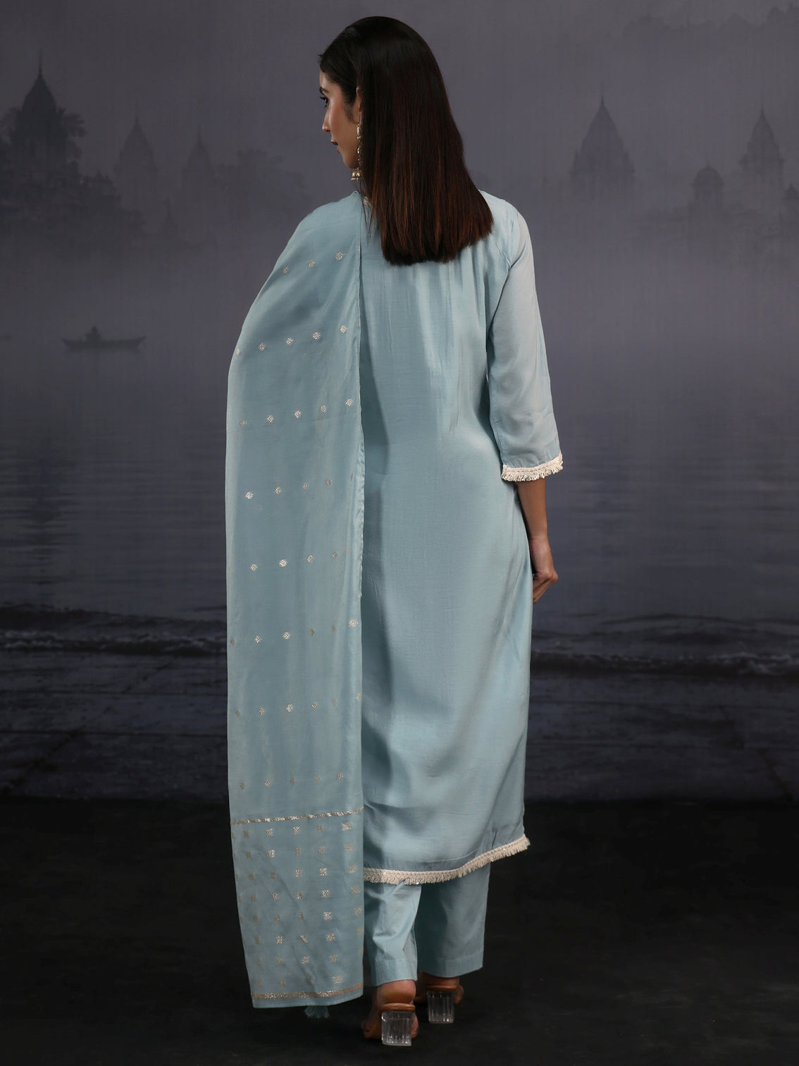 Mameraa Powder Blue Floral Embroidered Silk Blend Straight Suit Set