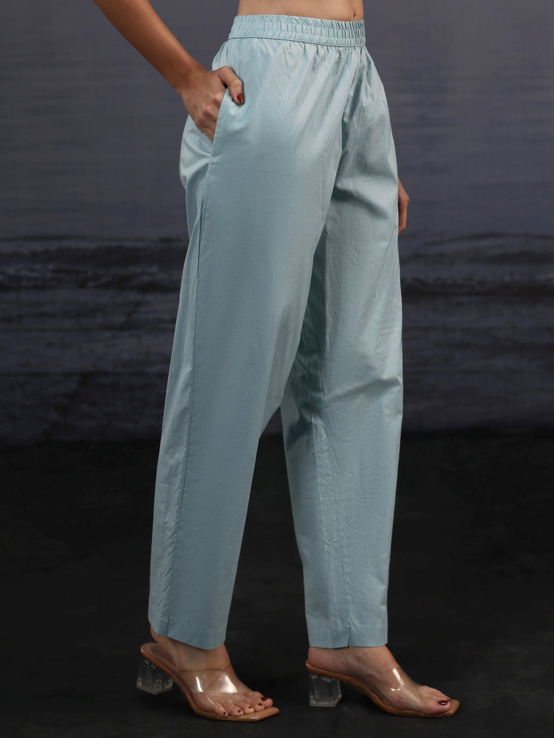 Mameraa Powder Blue Floral Embroidered Silk Blend Straight Suit Set