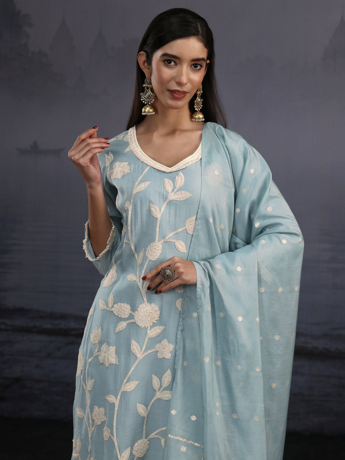 Mameraa Powder Blue Floral Embroidered Silk Blend Straight Suit Set