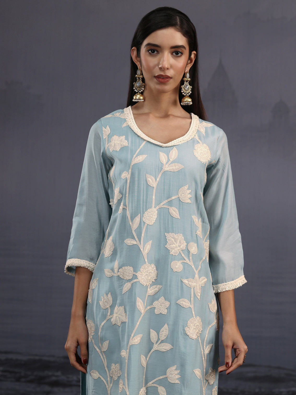 Mameraa Powder Blue Floral Embroidered Silk Blend Straight Suit Set