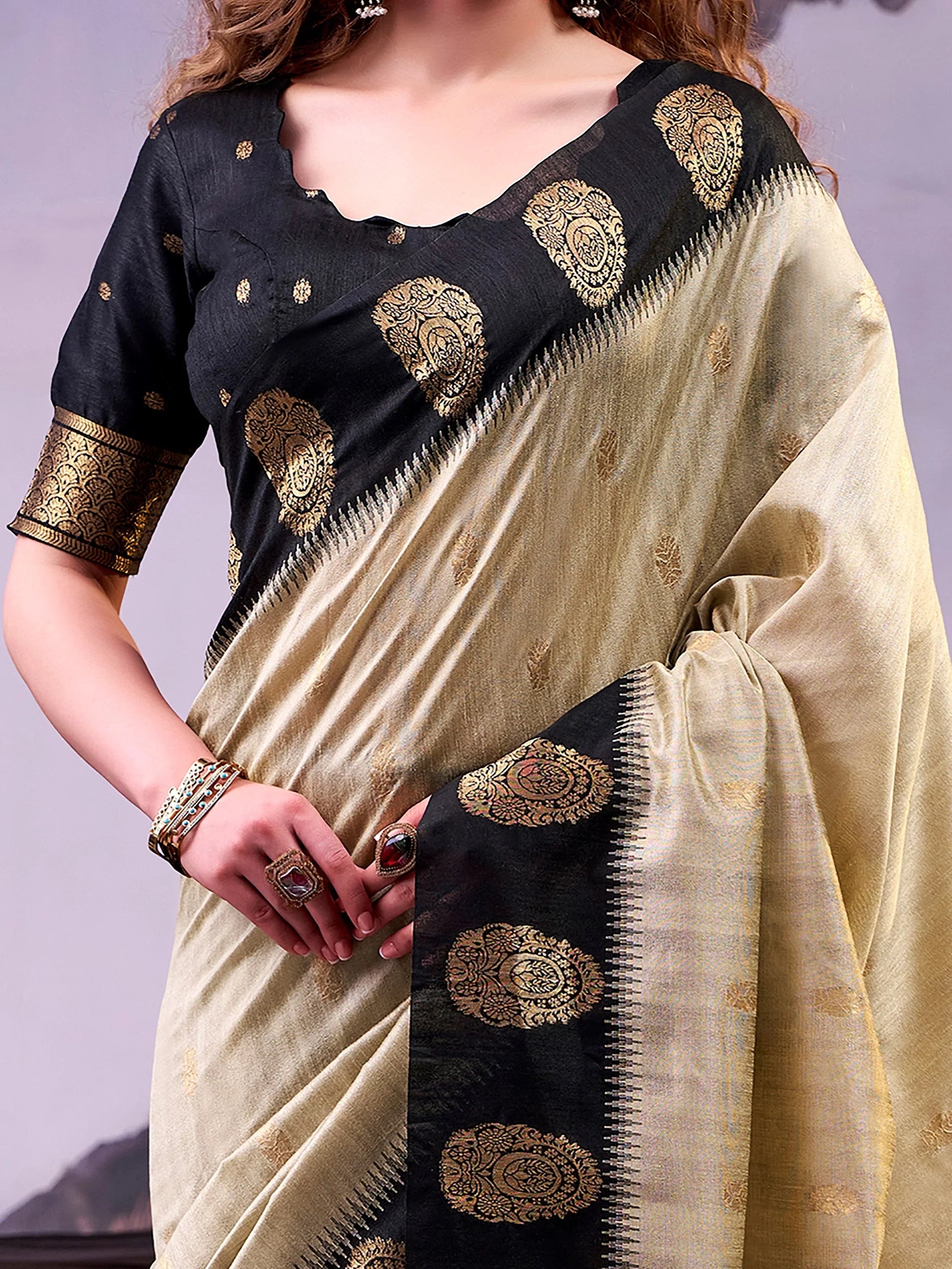 Wonderful Beige Zari Weaving Silk Function Wear Saree With Blouse
