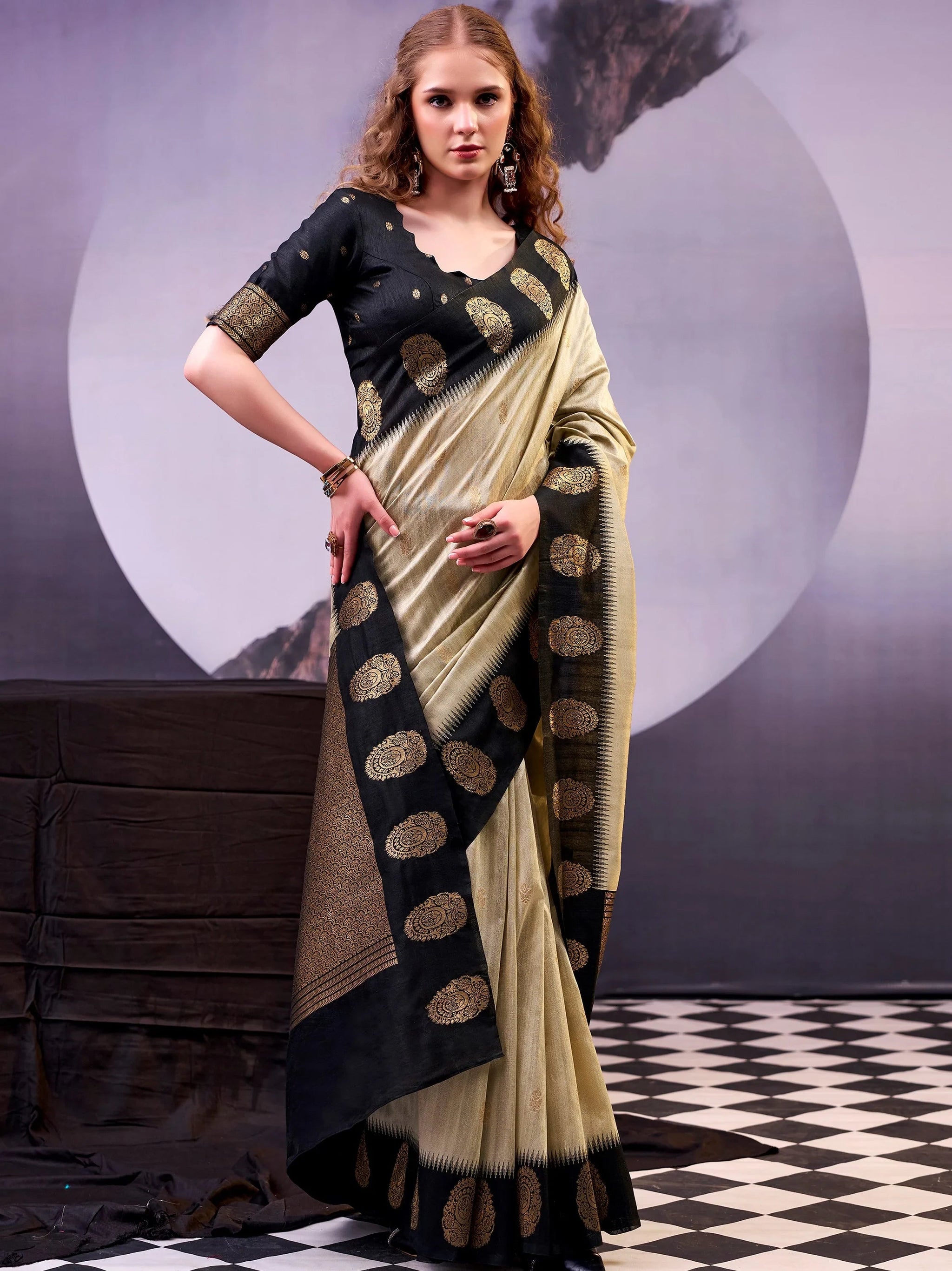 Wonderful Beige Zari Weaving Silk Function Wear Saree With Blouse