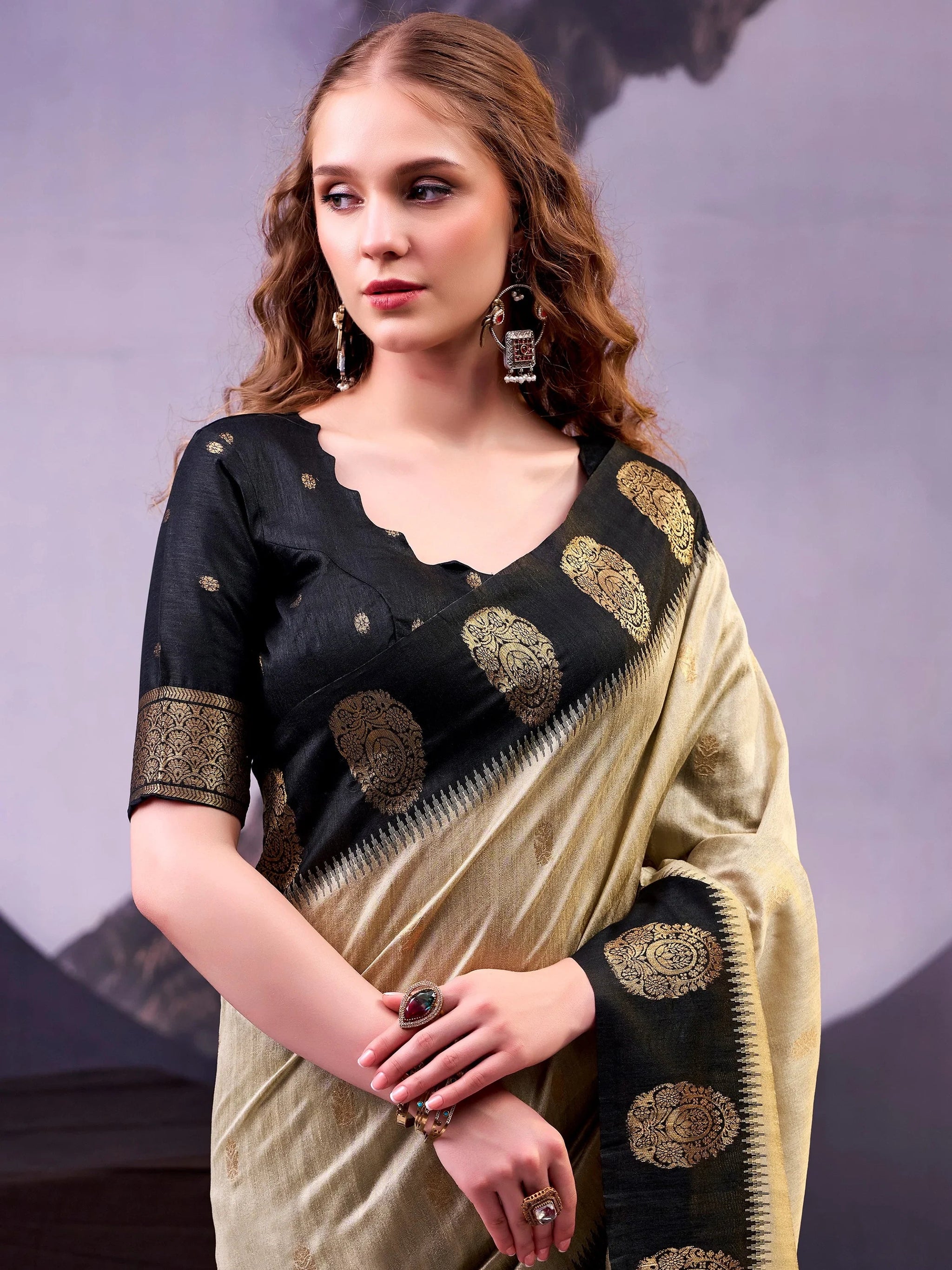 Wonderful Beige Zari Weaving Silk Function Wear Saree With Blouse