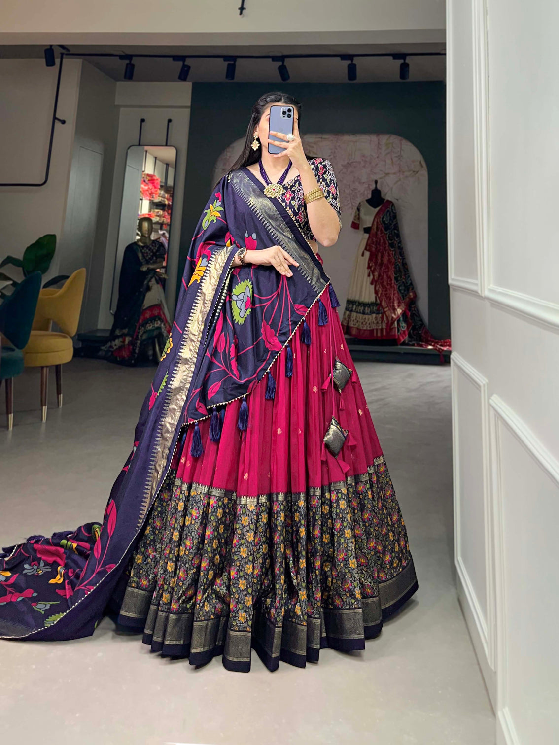 Pink & Blue Silk Blend Lehenga Set with Brocade Blouse & Printed Dupatta