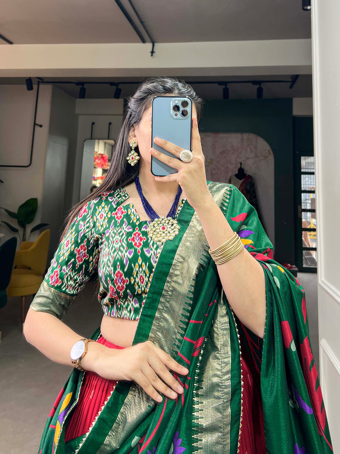 Green & Red Silk Blend Lehenga Set with Brocade Blouse & Printed Dupatta