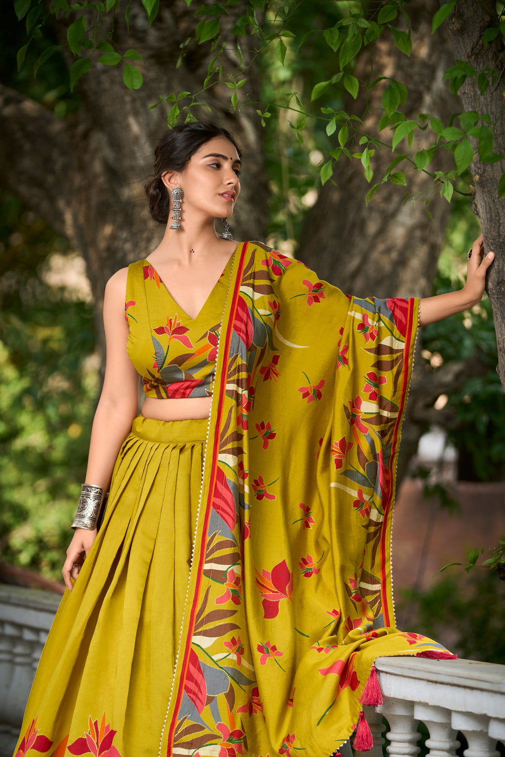 Elegant Mustard Yellow Lehenga Choli with Bold Floral Print – Cotton Blend