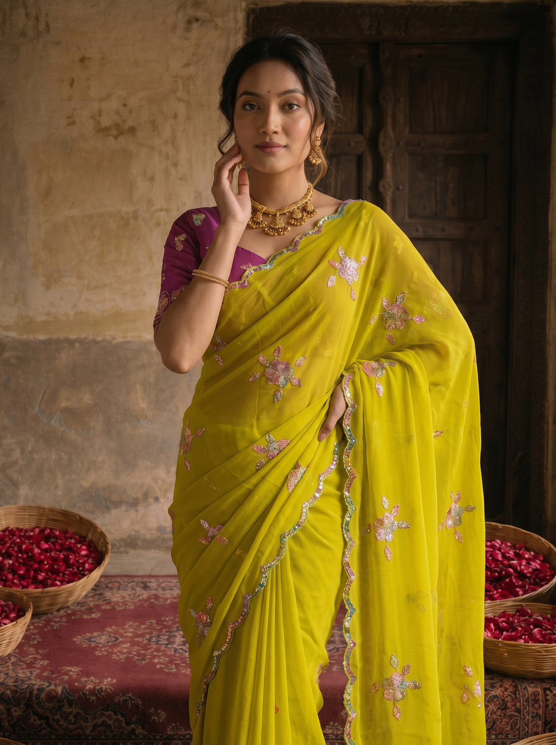 Lime yellow georgette embroidered saree with floral sequin work contrast magenta blouse