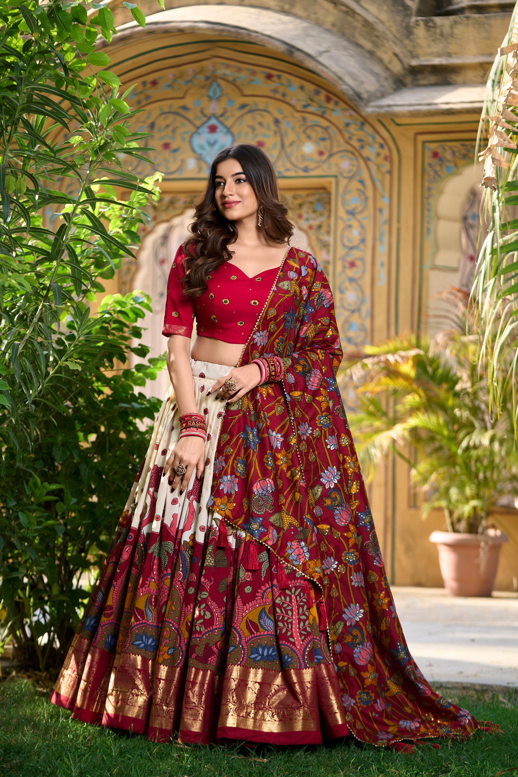 Designer OFF-White Ethnic Lehenga Choli with Elephant & Floral Print