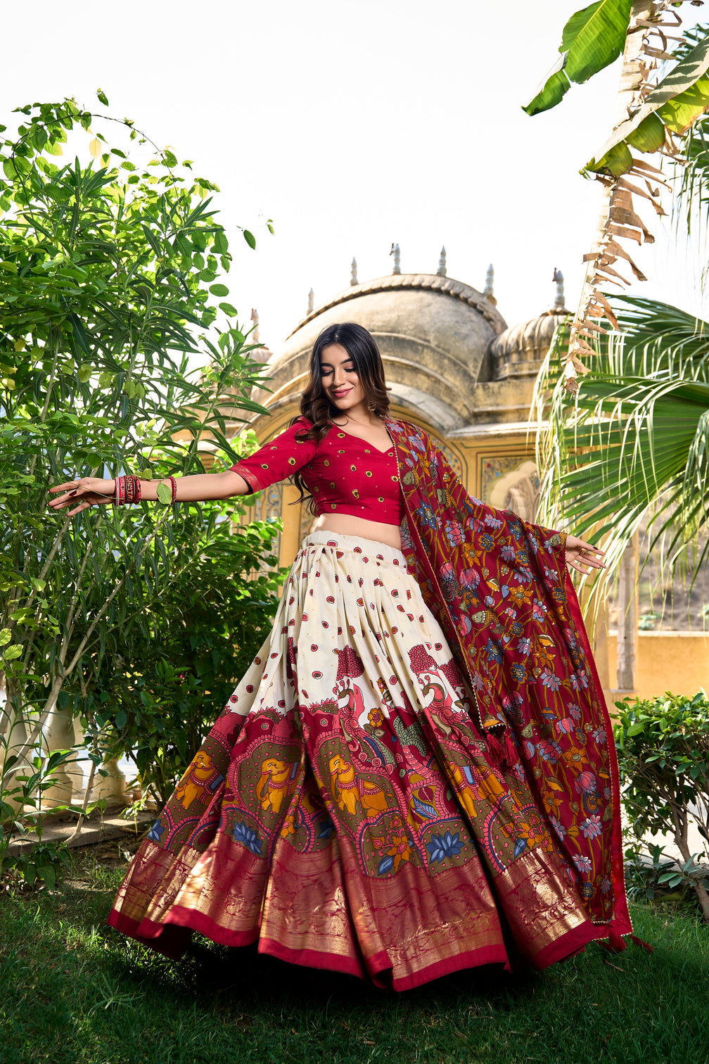 Designer OFF-White Ethnic Lehenga Choli with Elephant & Floral Print