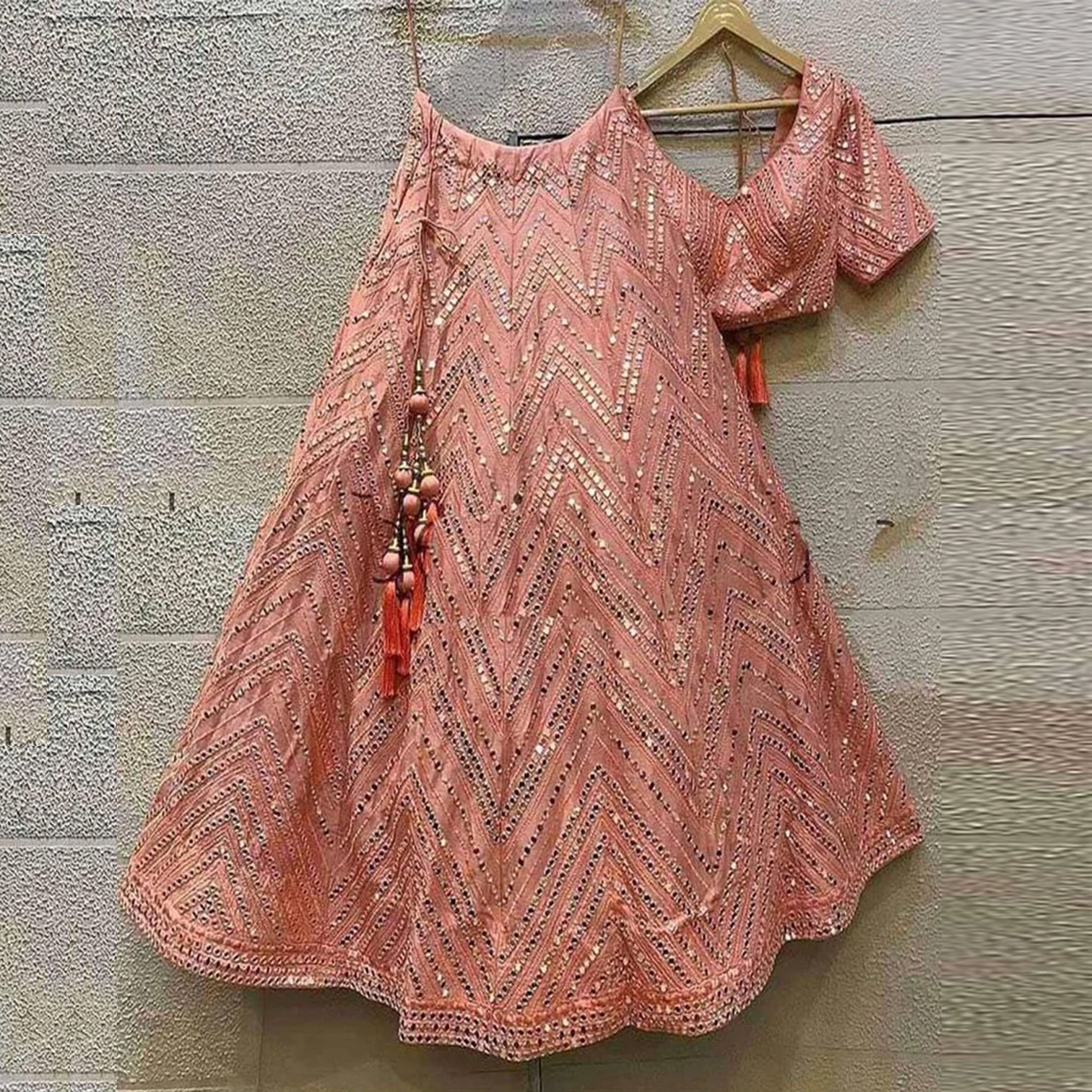 Peach Color Mirror Lehenga Choli with Embroidery and Mirror Work