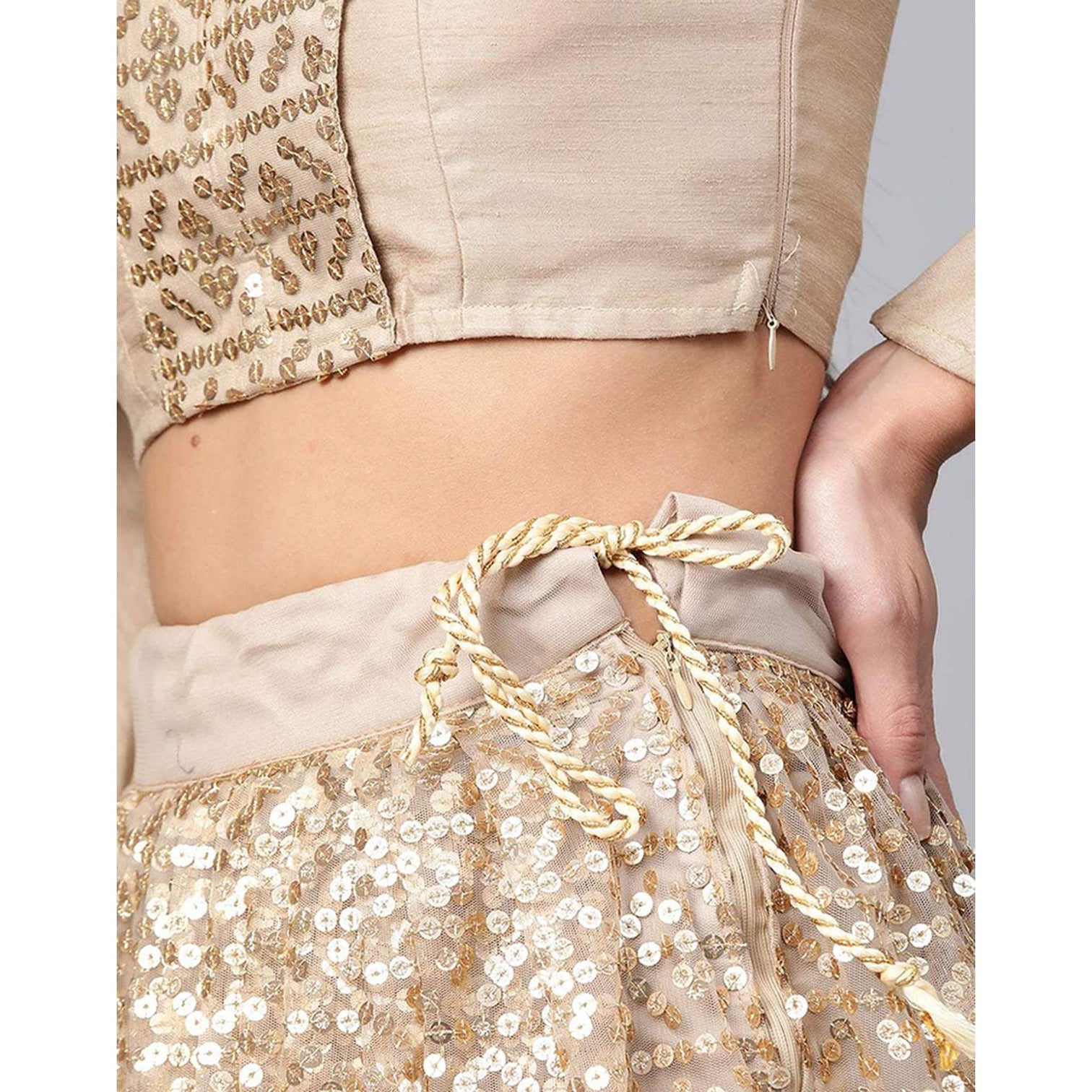 Beige color Net Lehenga with Heavy Embroidery, Zari and Thread work