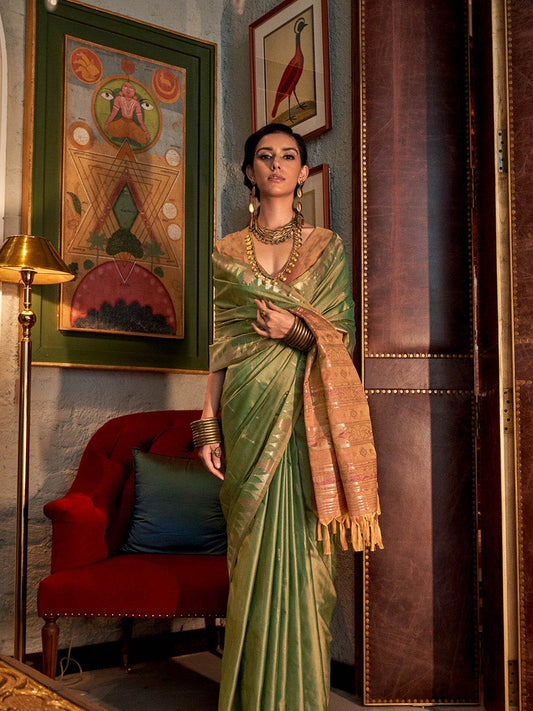 Green Tussar Silk Blend Saree With Blouse Piece
