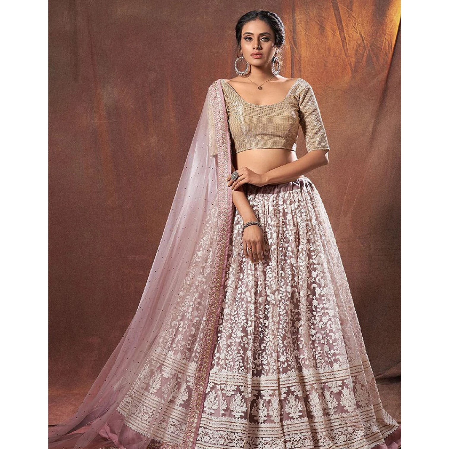 Peach Color Soft Net Lehenga with Thread and Zari Work