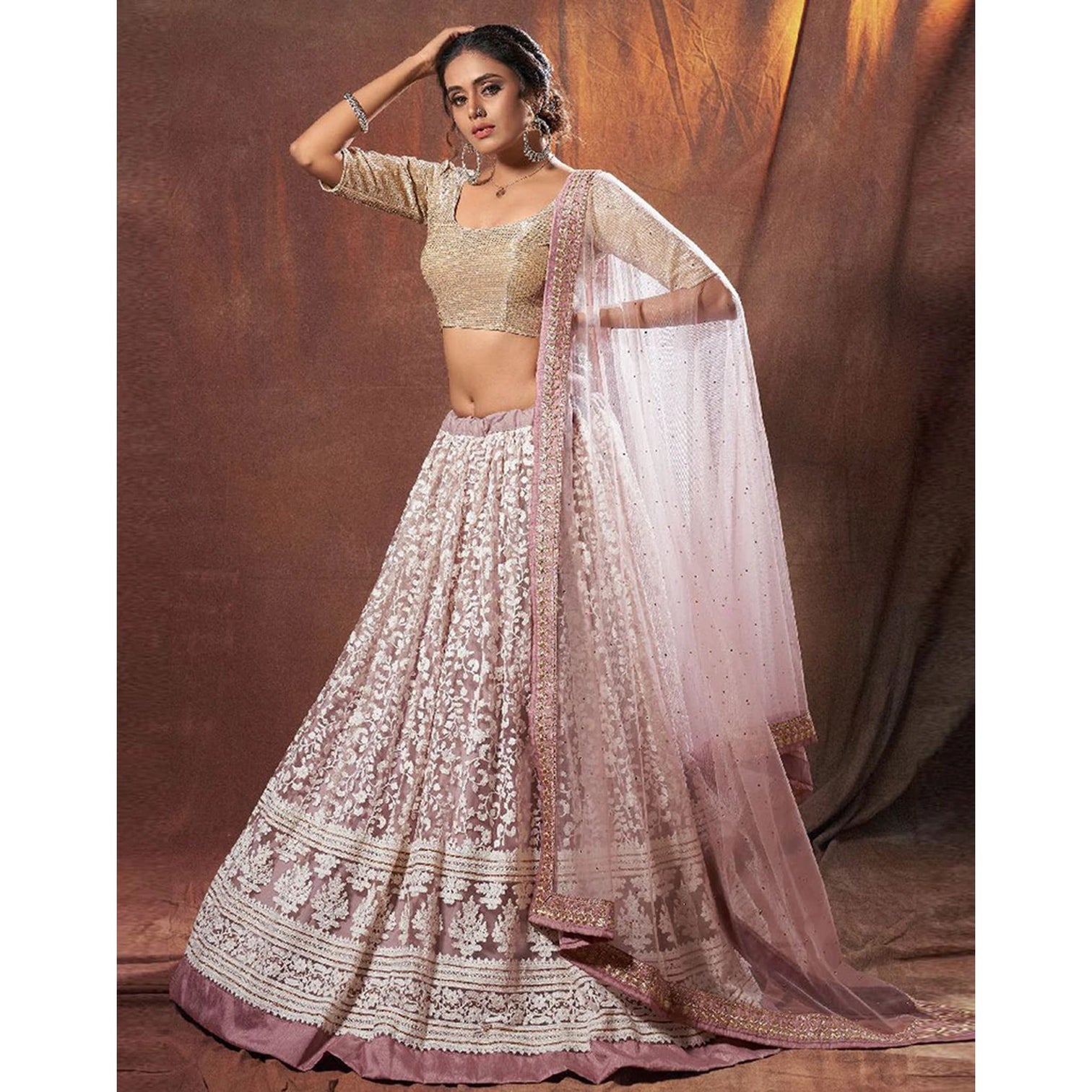 Peach Color Soft Net Lehenga with Thread and Zari Work
