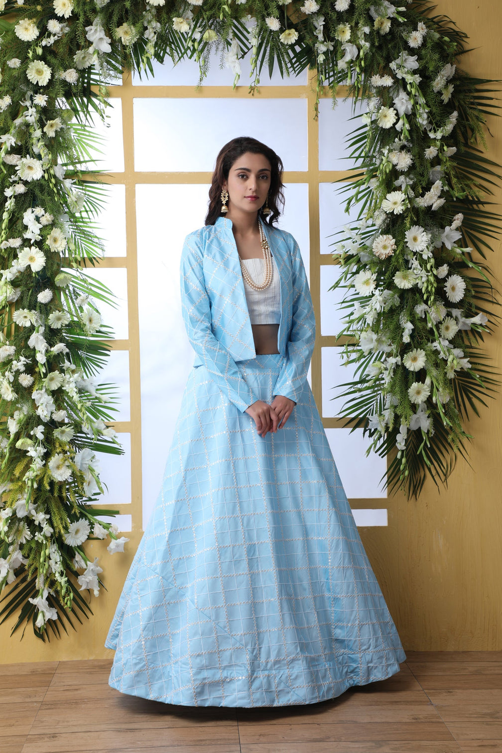 Sky Blue Embroidered Georgette Semi Stitched Lehenga