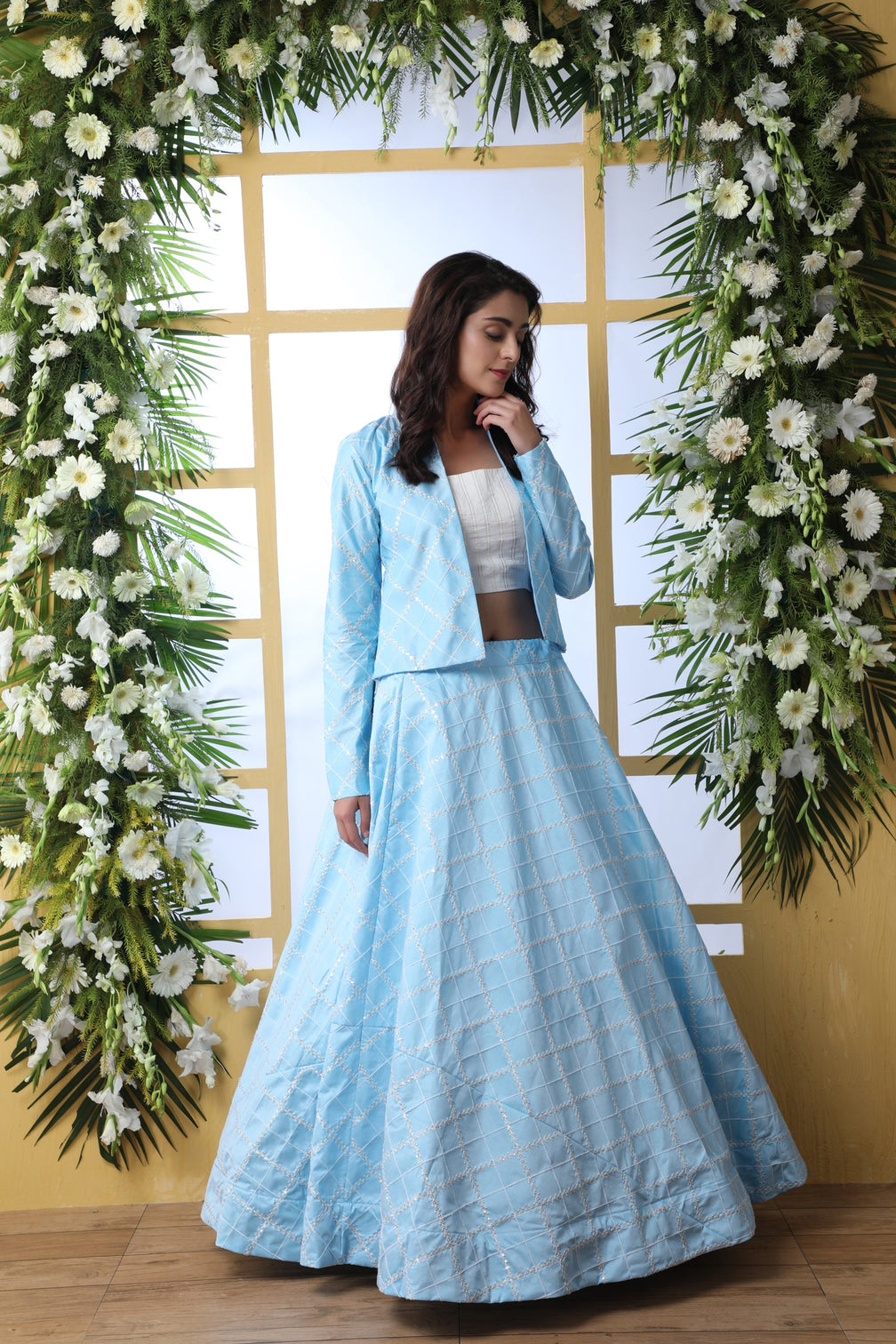 Sky Blue Embroidered Georgette Semi Stitched Lehenga