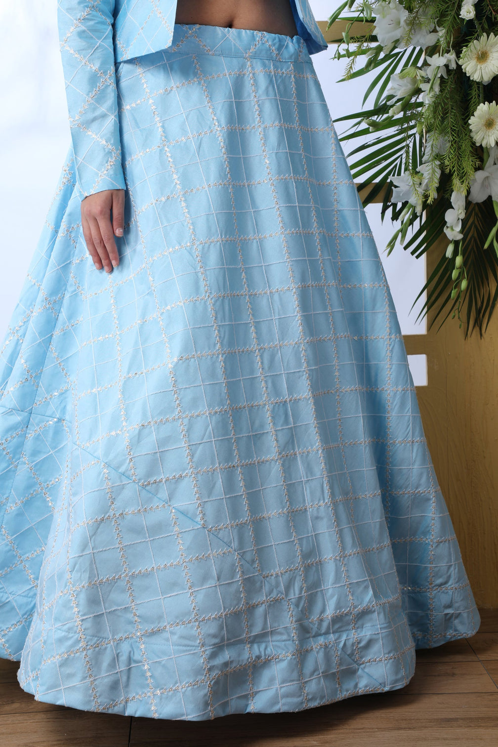 Sky Blue Embroidered Georgette Semi Stitched Lehenga