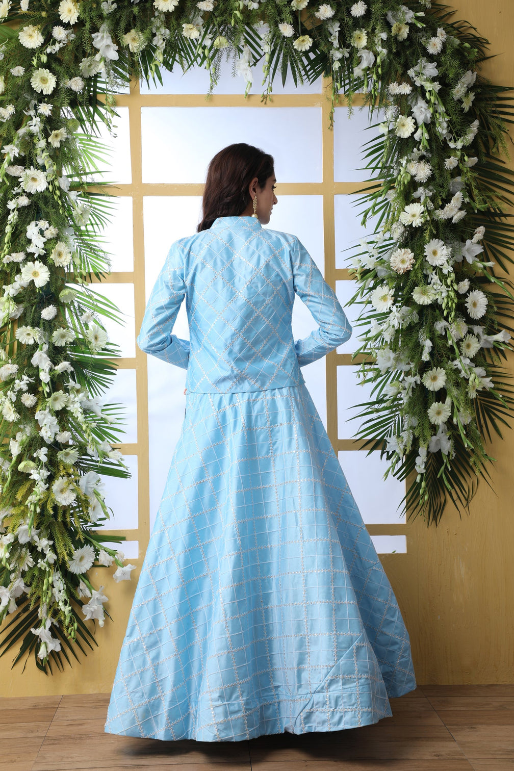 Sky Blue Embroidered Georgette Semi Stitched Lehenga