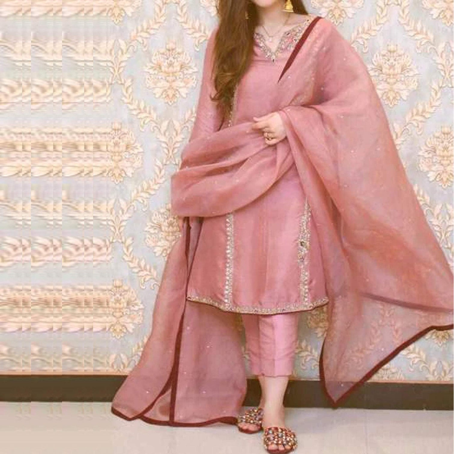 Peach Cotton suit with Heavy Embroidery work