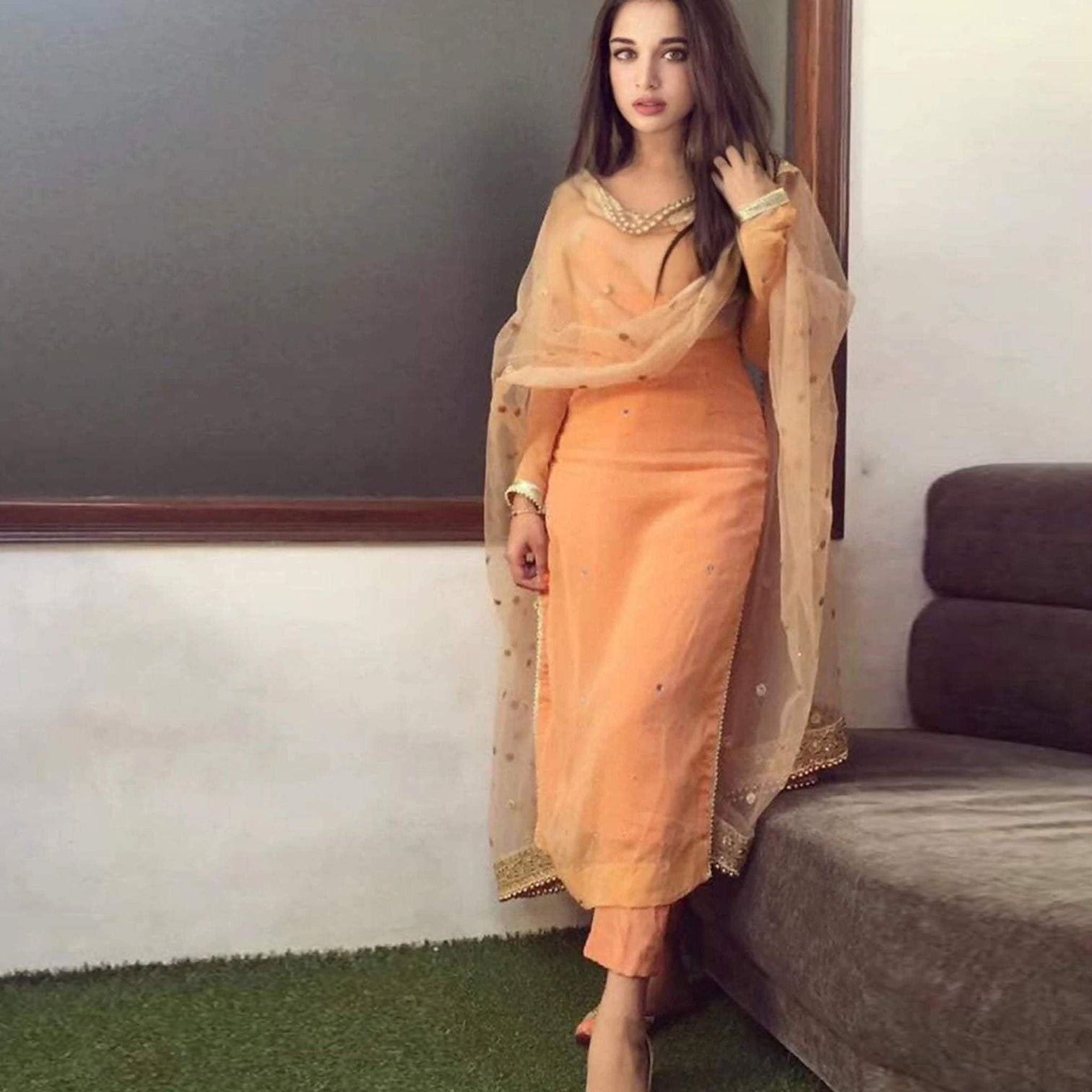 Peach Georgette Salwar Suit with Pearl Work Readymade Dupatta