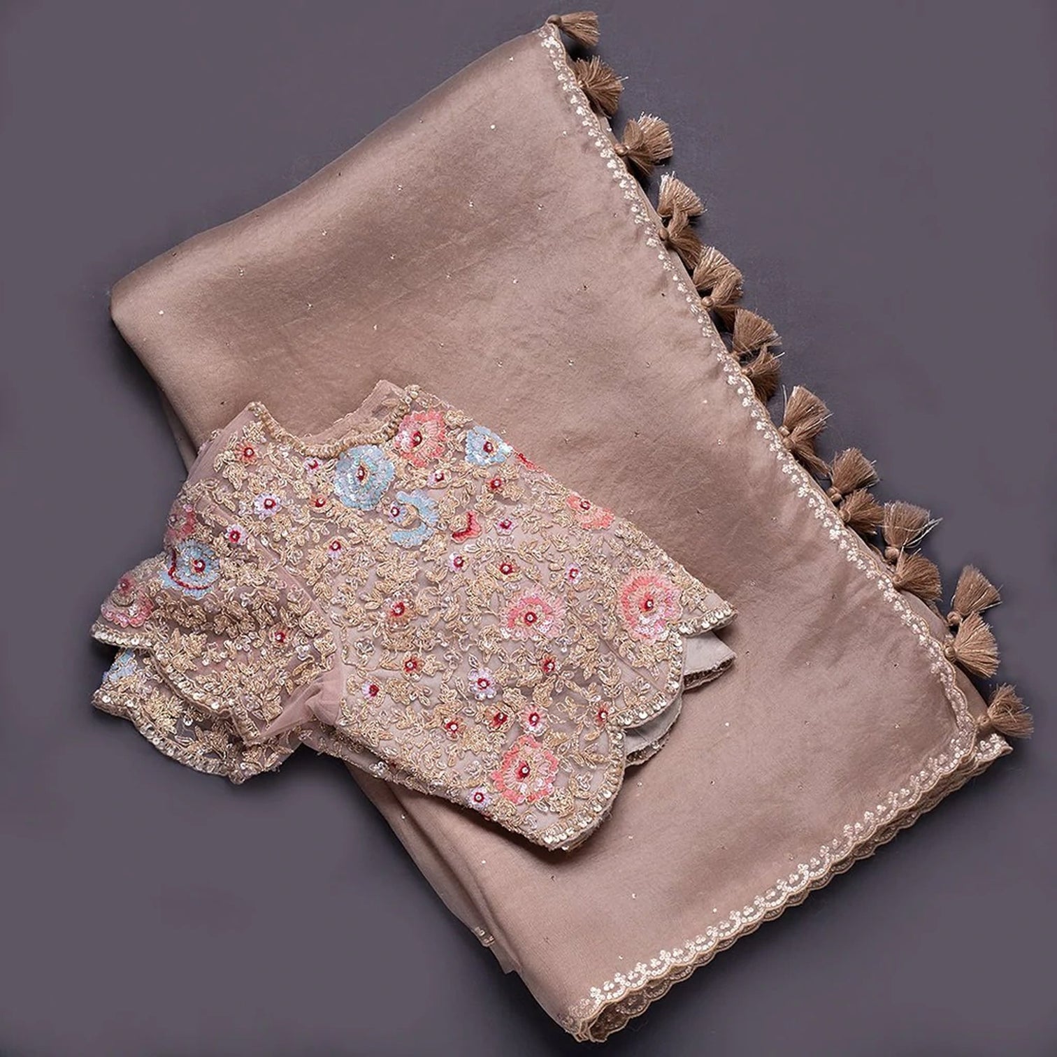 Peach Organza Saree with Heavy Embroidery work and Unstitched Blouse