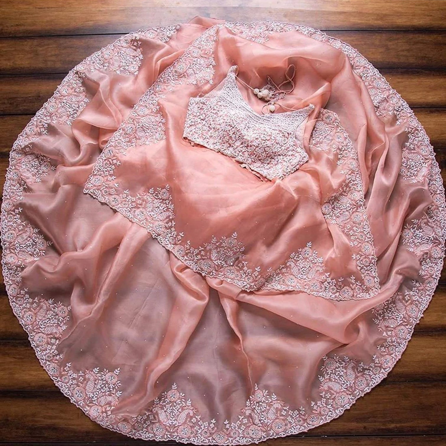 Peach Organza Silk Saree with Sequins and Thread Work