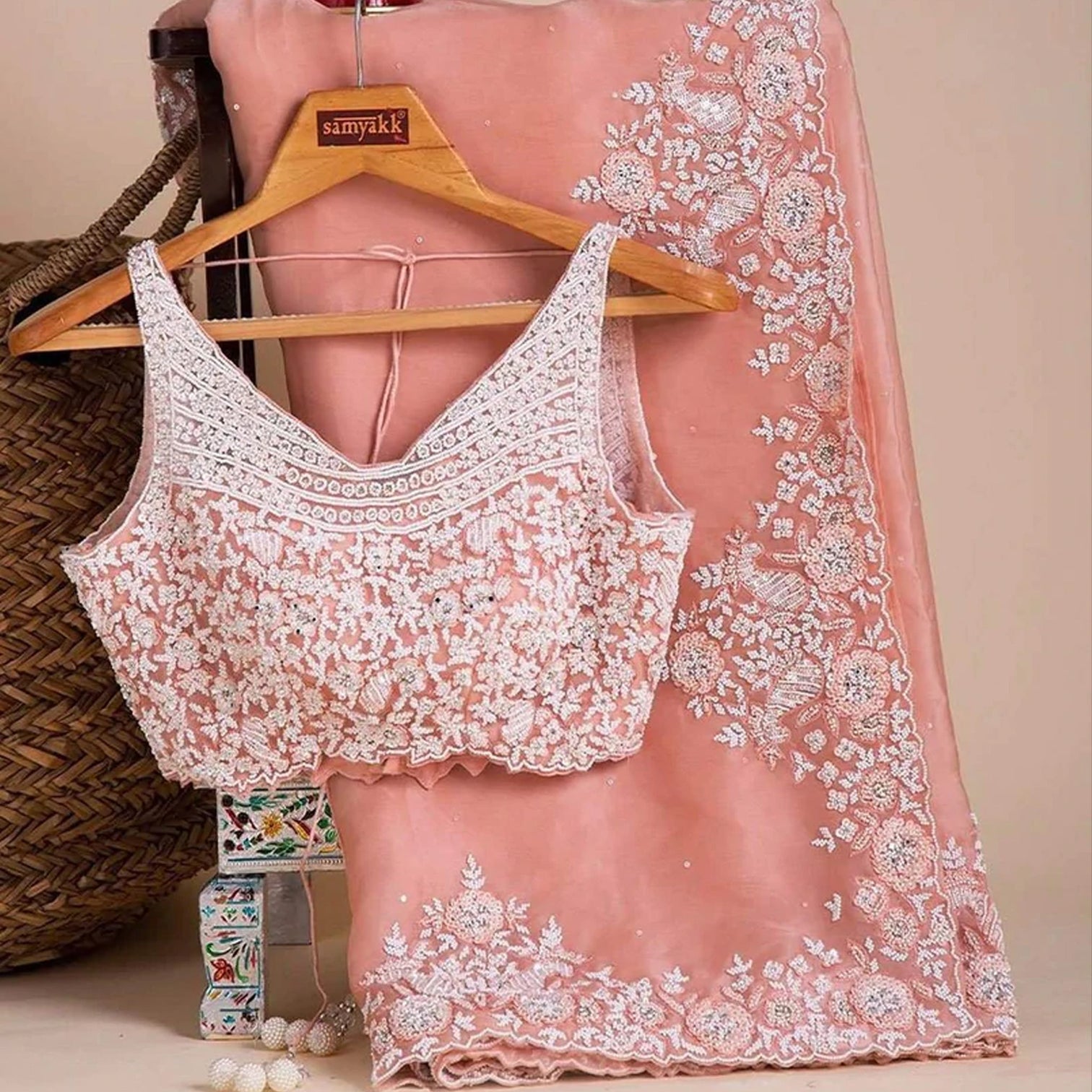 Peach Organza Silk Saree with Sequins and Thread Work