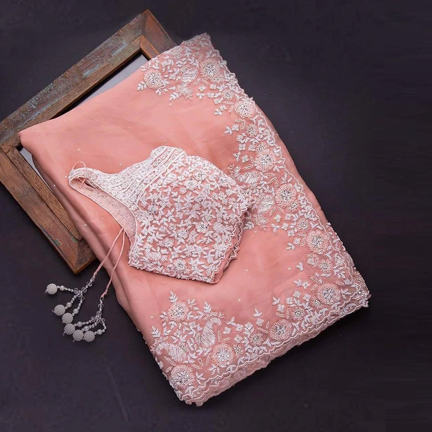 Peach Organza Silk Saree with Sequins and Thread Work