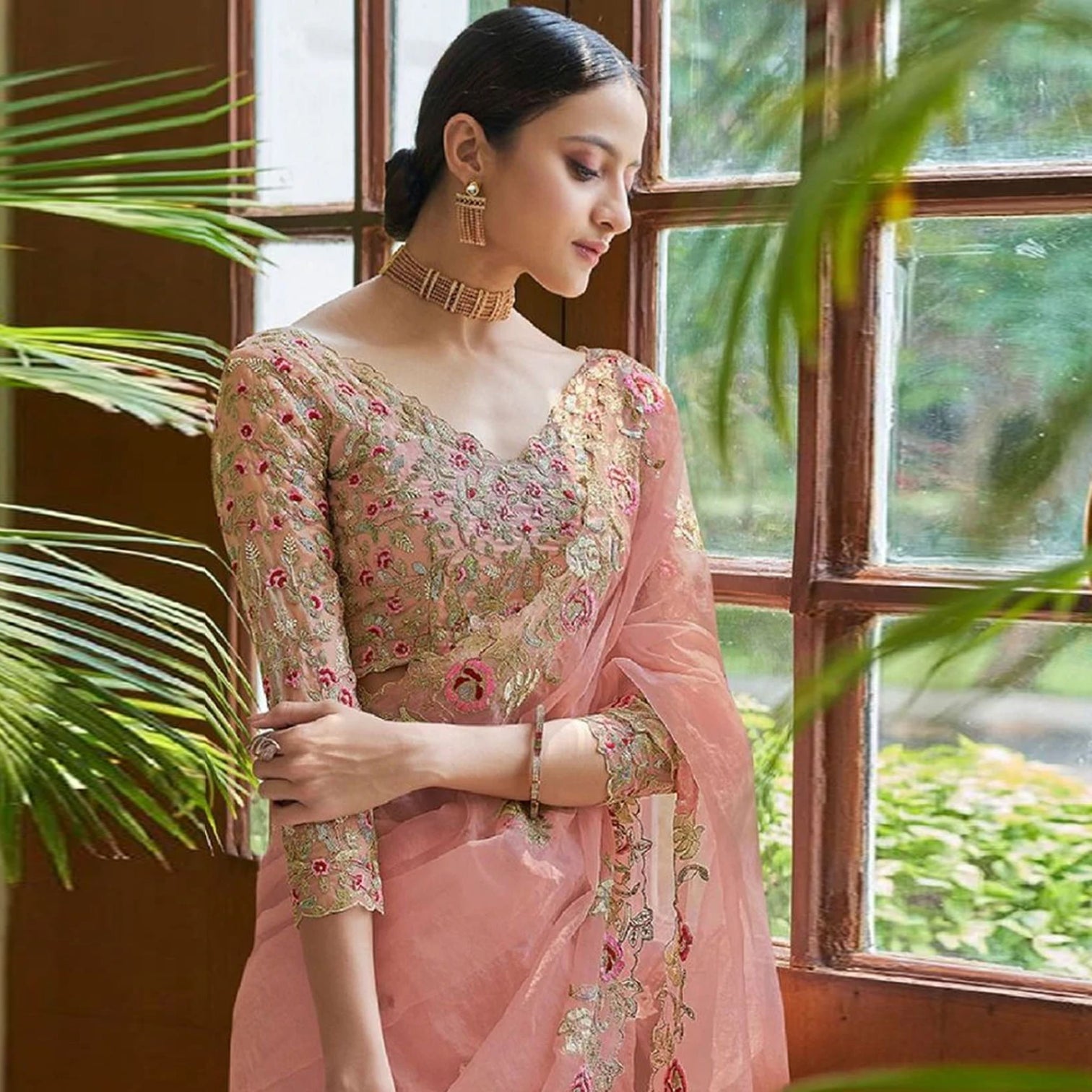 Peach Organza Silk Saree with Sequins, Zari and Thread Embroidery
