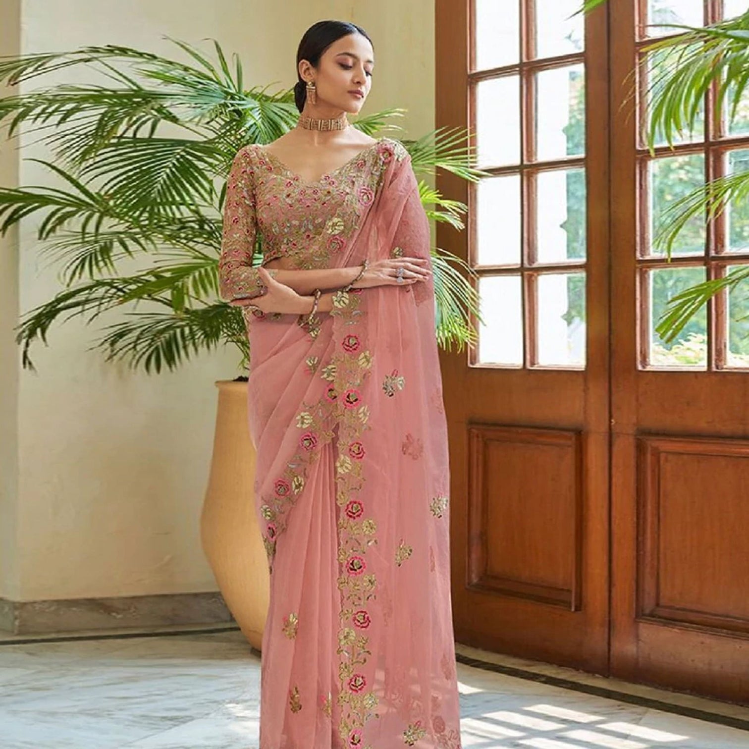 Peach Organza Silk Saree with Sequins, Zari and Thread Embroidery