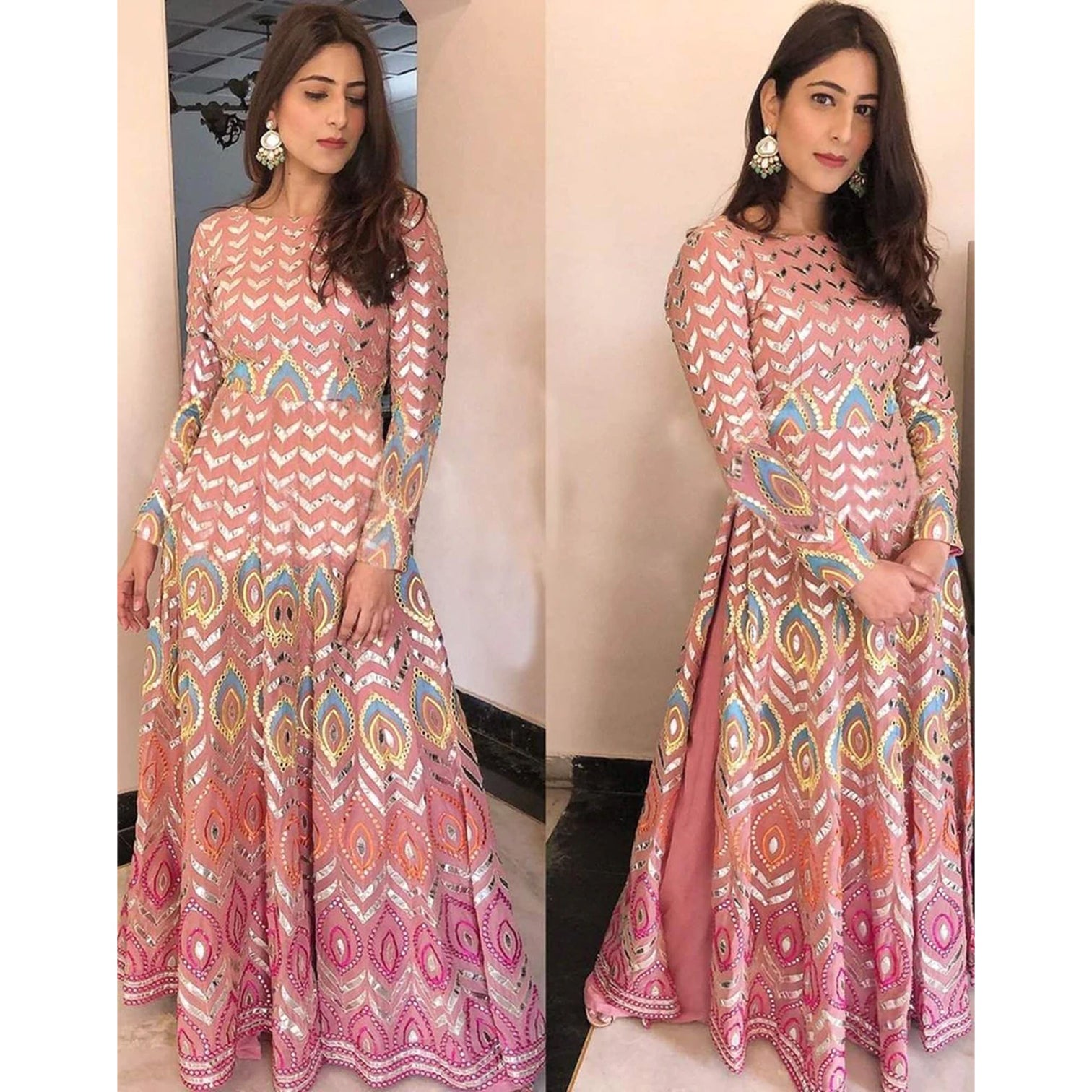 Peach Salwar Suit in Georgette with Resham, Zari, and Mirror Work