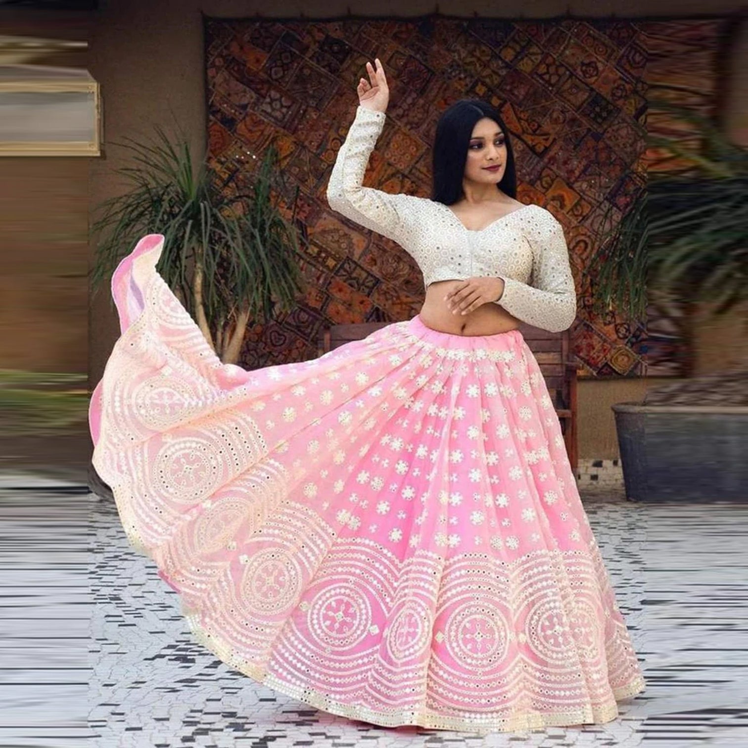 Pink Bridal Lehenga Choli in Georgette and Embroidery Mirror Work