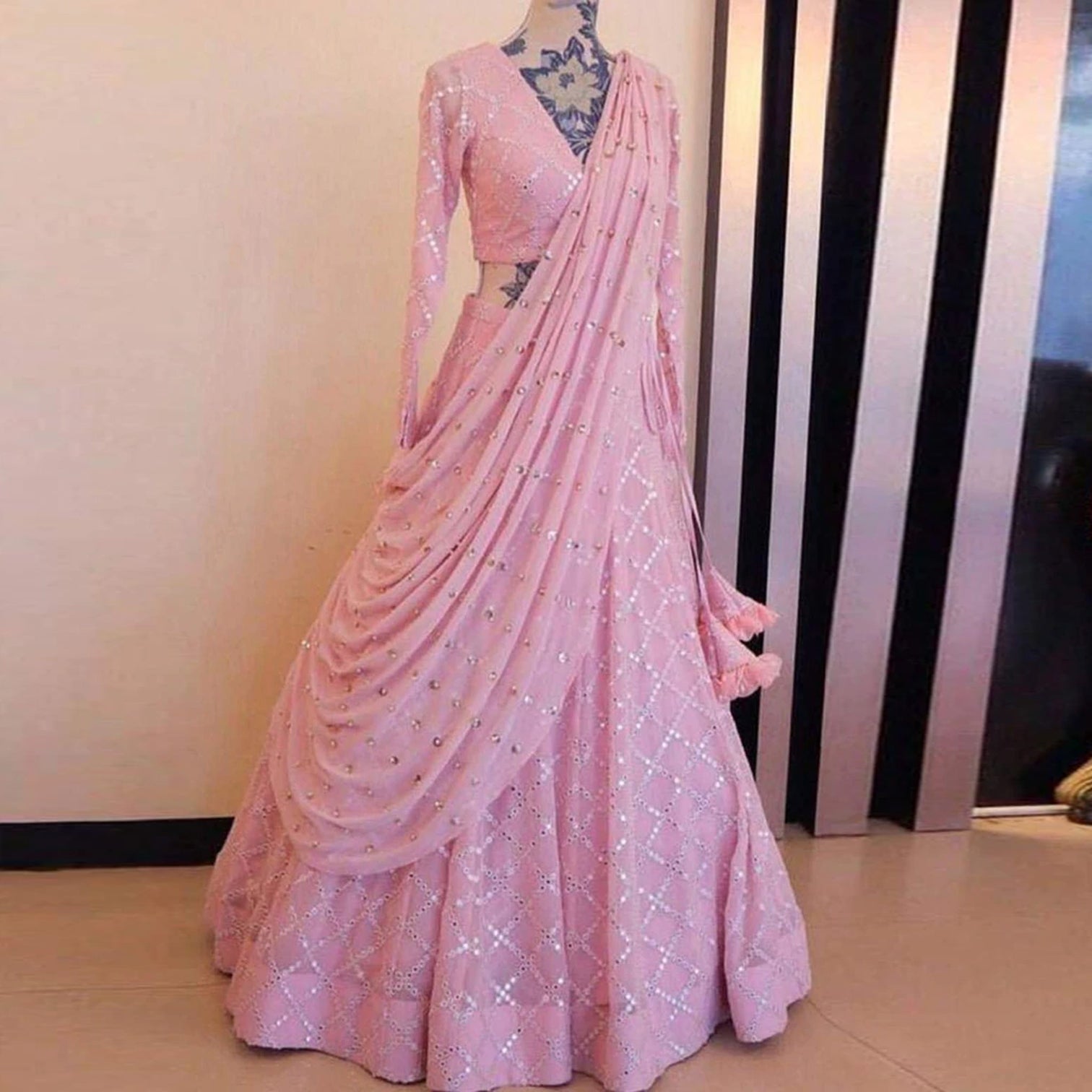 Pink Color Faux Georgette Lehenga Choli with Embroidery Mirror Work