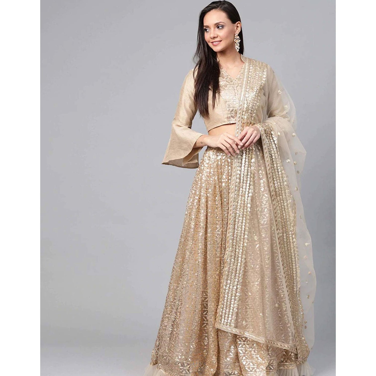 Beige color Net Lehenga with Heavy Embroidery, Zari and Thread work