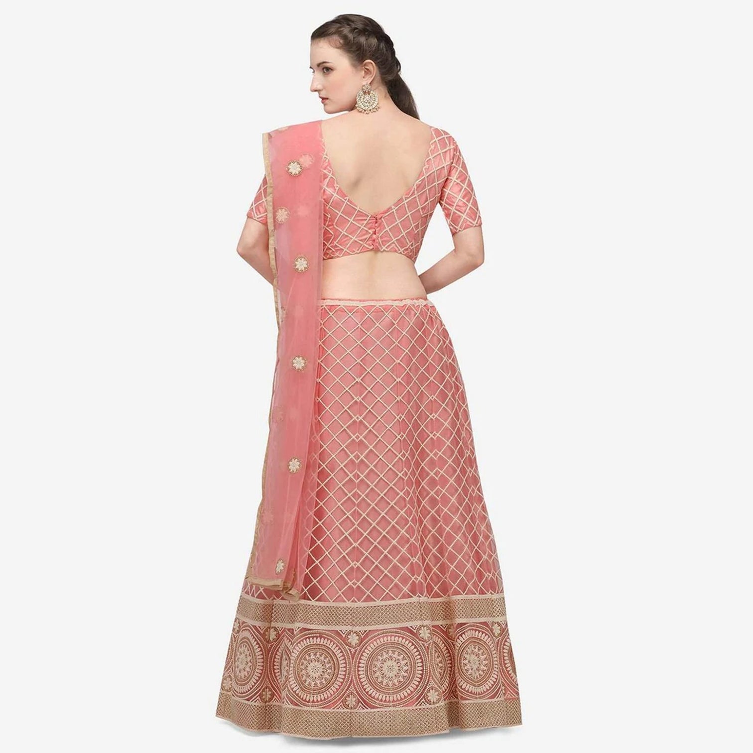 Pink Colored Lucknowi Work Lehenga Choli with Net Dupatta