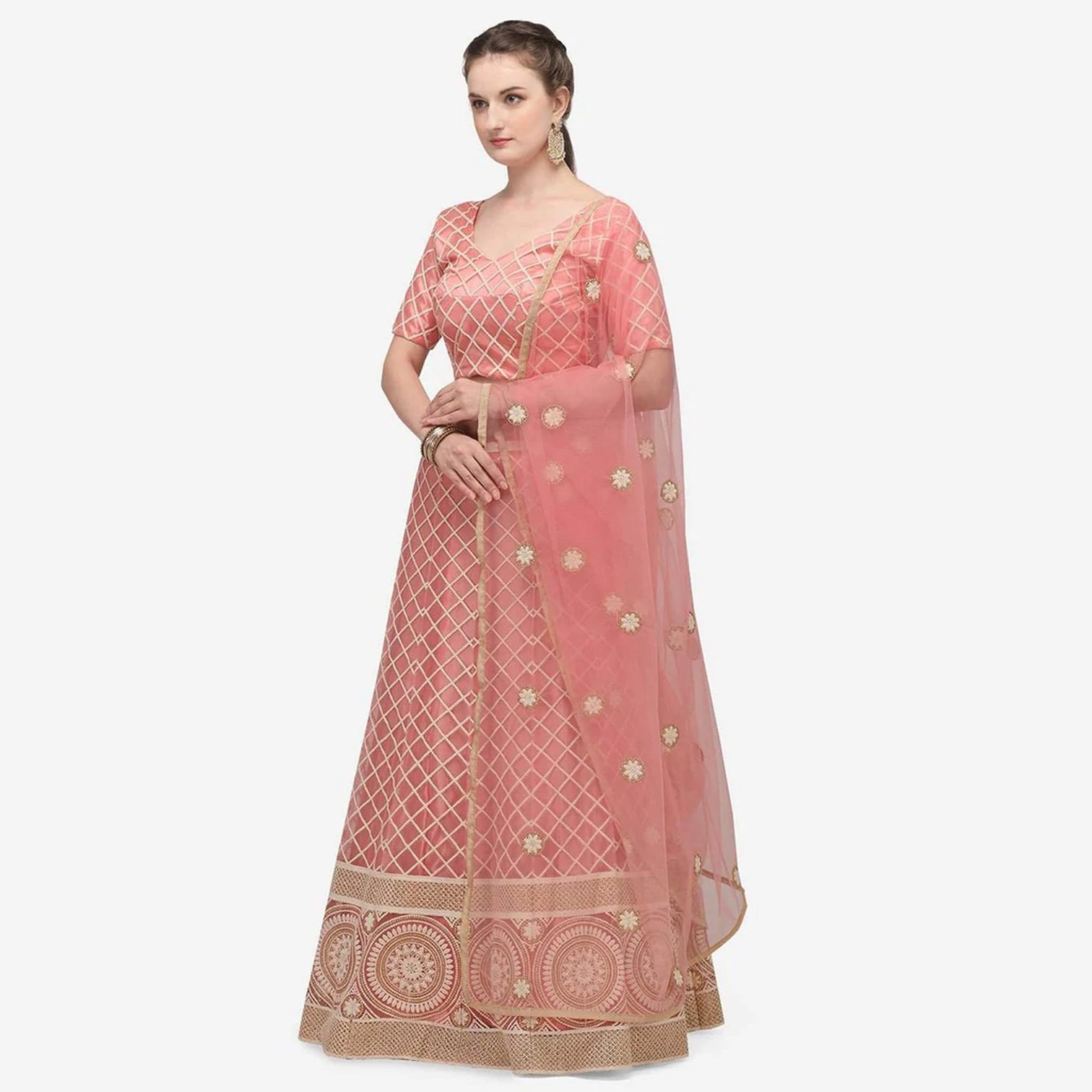 Pink Colored Lucknowi Work Lehenga Choli with Net Dupatta